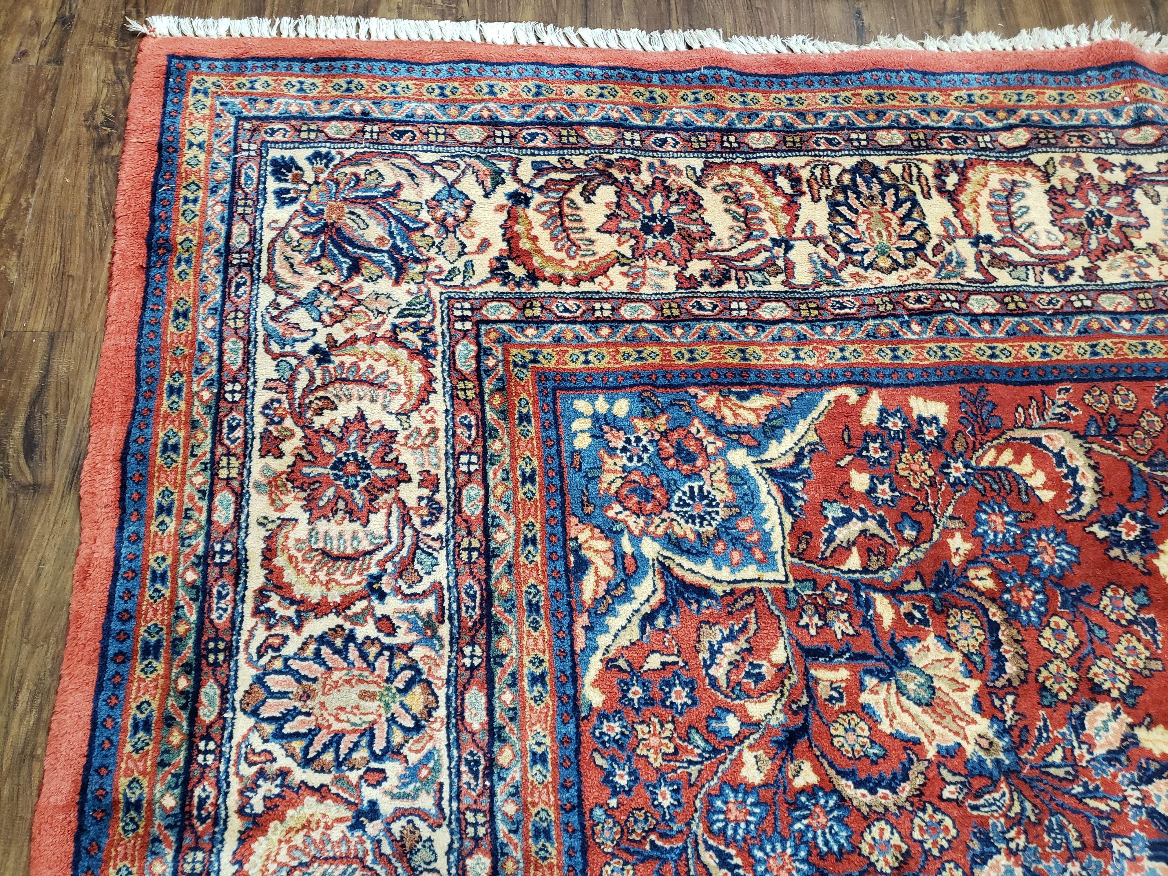 Semi Antique Persian Sarouk Rug 9x12, Semi Open Field with Central Medallion, Hand Knotted Wool, Tomato Red, 9 x 12 Authentic Oriental Carpet - Jewel Rugs