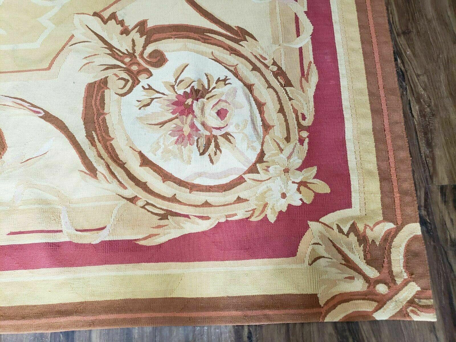 Aubusson Rug 10x13, Savonneire Carpet 10 x 13 ft, Handmade Vintage Flatweave Room Sized Wool Floral Aubusson, Cream/Tan Ivory Reds Pinks - Jewel Rugs