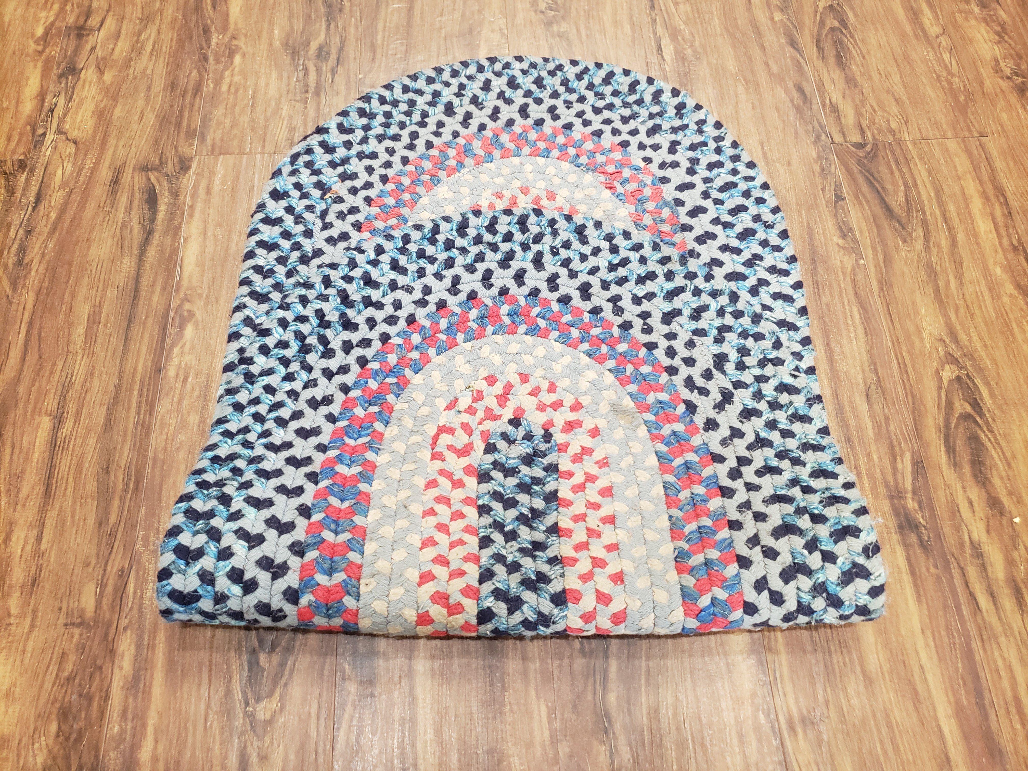 Oval Braided Rug, American Braided Rug, Multicolor Colorful, Blue Teal Cream Pink, 2x4 Oval Rug, Vintage 1960s Rug - Jewel Rugs