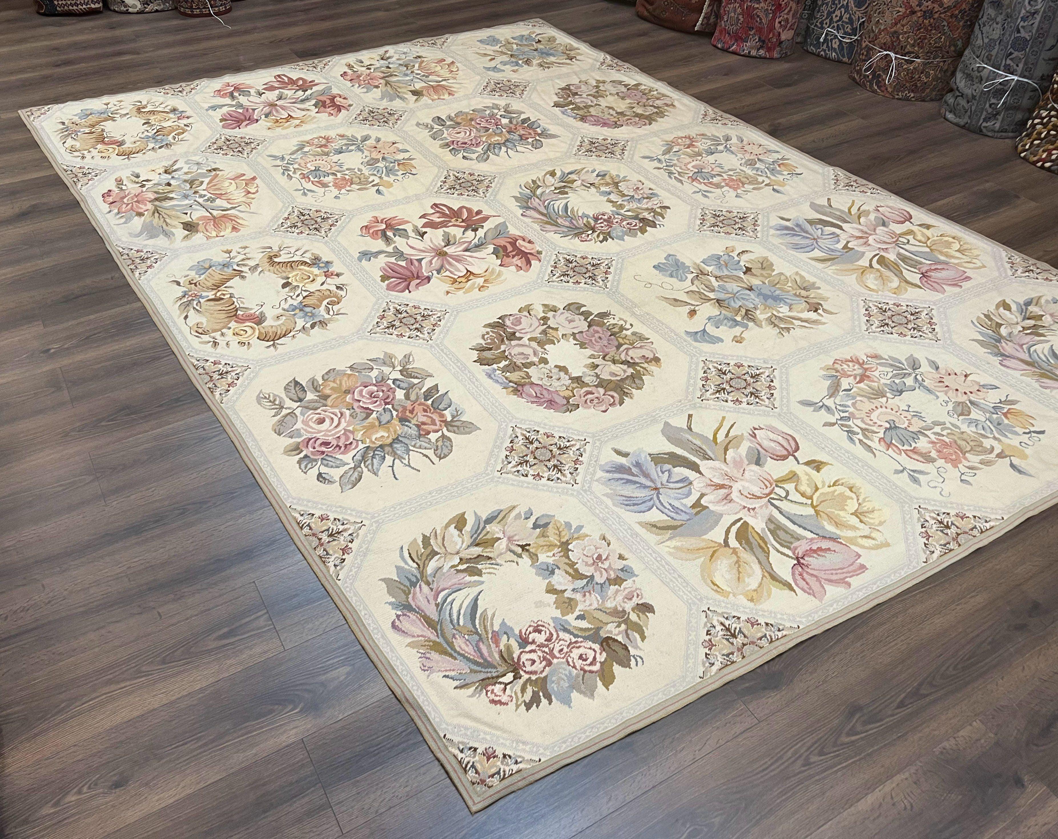 Vintage Needlepoint Rug 8x11, Floral Panel Design, Flatweave Handmade Needlepoint Carpet 8 x 11, Room Size Wool Needlepoint Rug, Cream Color - Jewel Rugs