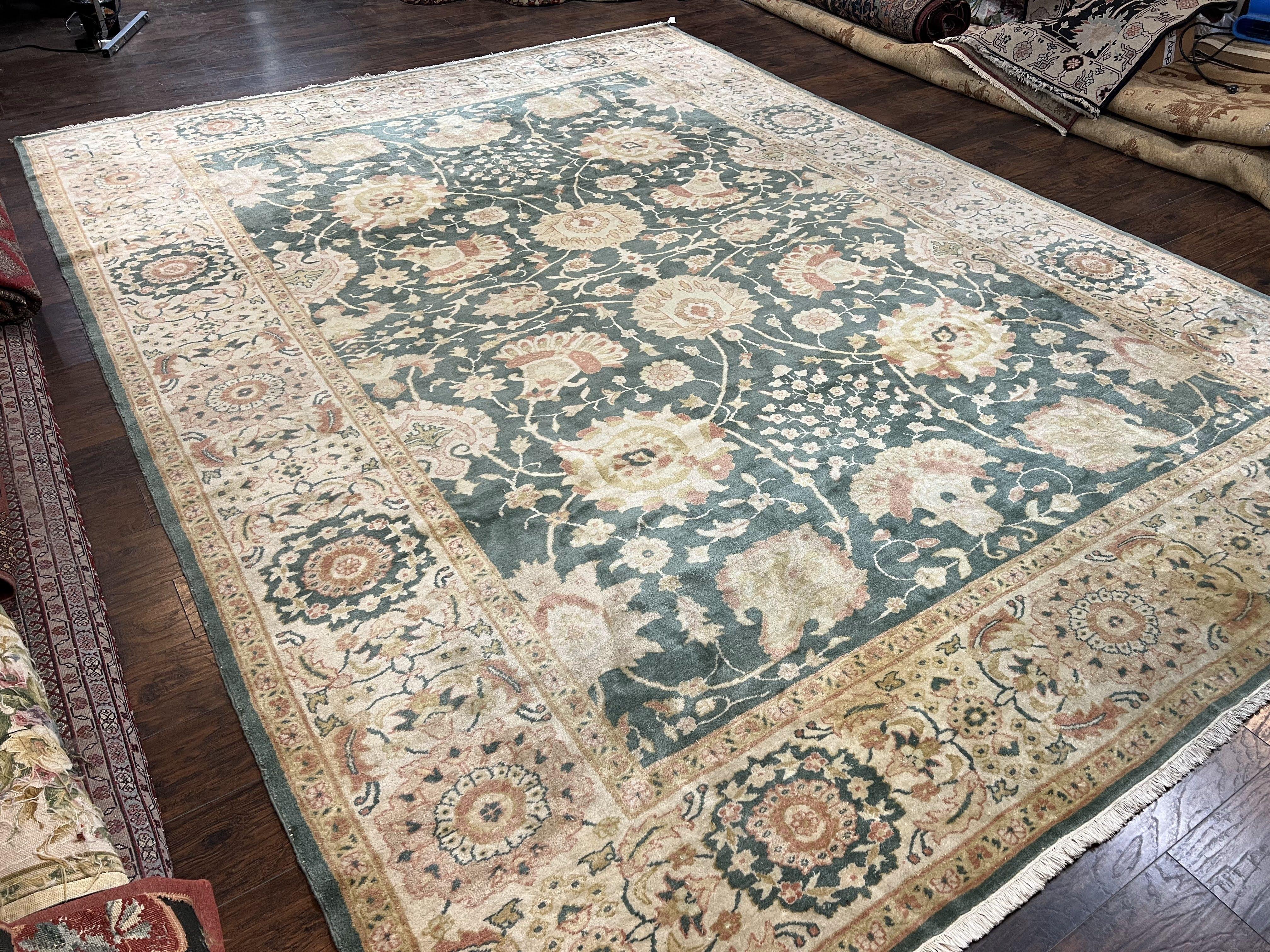 Egyptian Mahal Rug 10x14, Large Vintage Floral Hand Knotted Wool Carpet 10 x 14, Dark Green and Beige Traditional Handmade Persian Area Rug - Jewel Rugs
