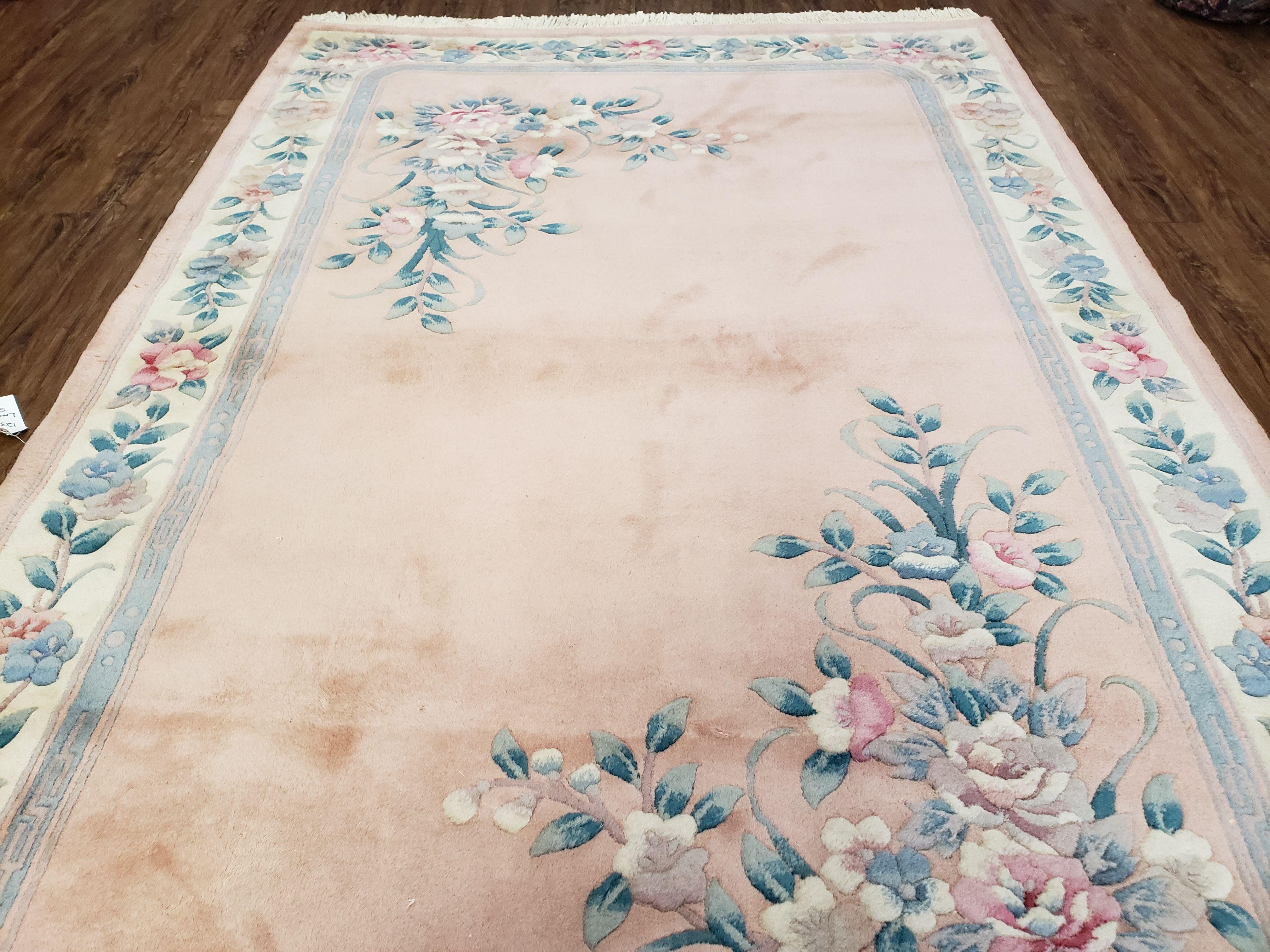 Vintage Light Pink Chinese Carving Area Rug, Floral Plush Carpet, Soft Pile, Hand-Knotted, Pink & Teal, Pastel Colors Home Decor, 5.4 x 8.2 - Jewel Rugs