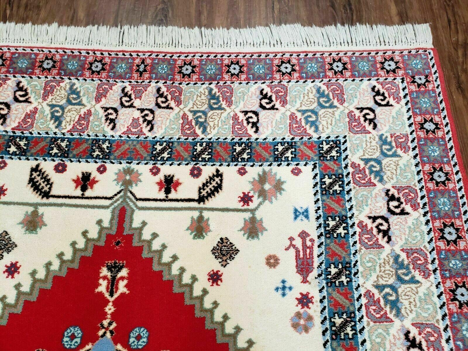 Vintage Moroccan Carpet 5x7 Area Rug, Berber Rug, Handmade Soft Wool Rug, Red Ivory and Blue, Geometric Medallion Rug, Bohemian Rug, Nice - Jewel Rugs