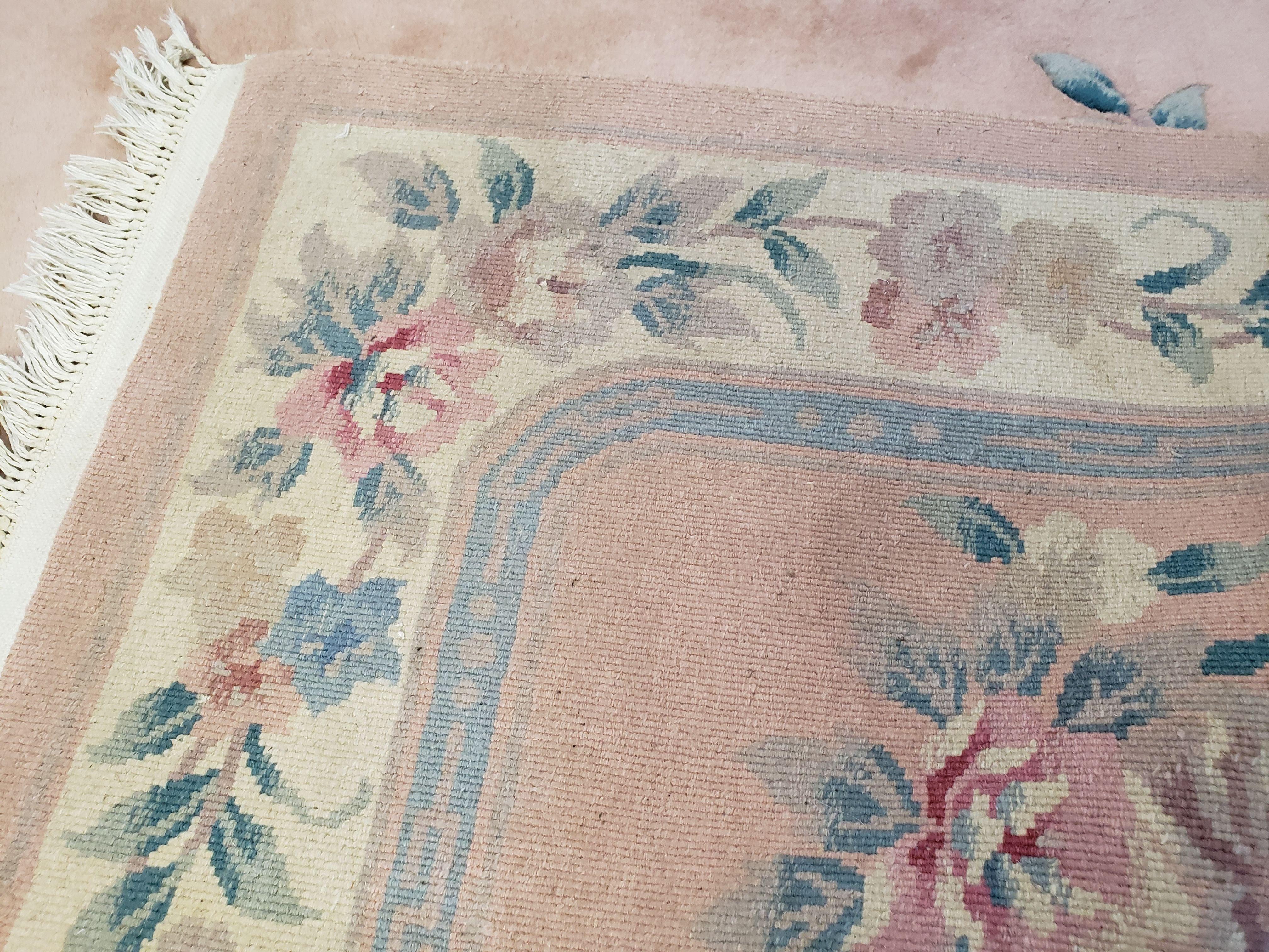 Vintage Light Pink Chinese Carving Area Rug, Floral Plush Carpet, Soft Pile, Hand-Knotted, Pink & Teal, Pastel Colors Home Decor, 5.4 x 8.2 - Jewel Rugs