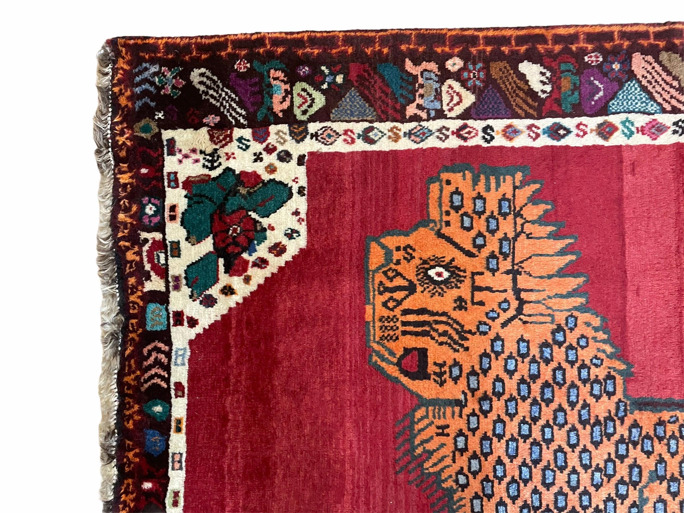 Antique Persian Gabbeh Wool Rug 4x5, Lion Pictorial Rug, Red Orange Black, Hand Knotted Handmade Vintage Gabbeh Carpet 4 x 5 ft, Tribal Rug - Jewel Rugs