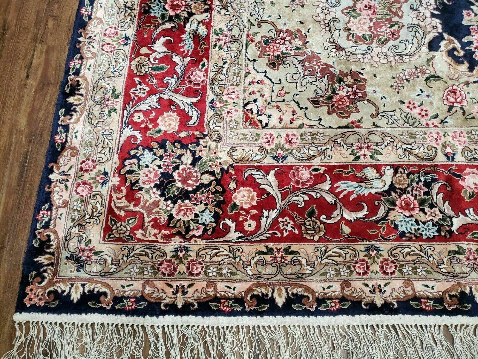 Indian Silk Kashmiri Rug 9x12, Room Sized Silk Carpet, Handmade Hand Knotted Oriental Rug 9 x 12, Navy Blue Red Tan Floral Medallion Birds - Jewel Rugs