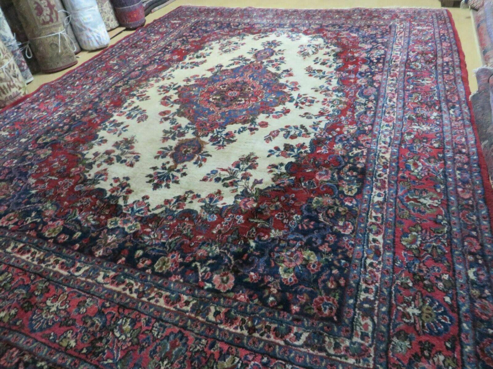 9x12 Persian Sarouk Rug - Semi Open Field Medallion Rug - Ivory Red Blue Hand Knotted Wool Oriental Carpet 9 x 12 Antique Rug - Vegetable Dyes - Jewel Rugs