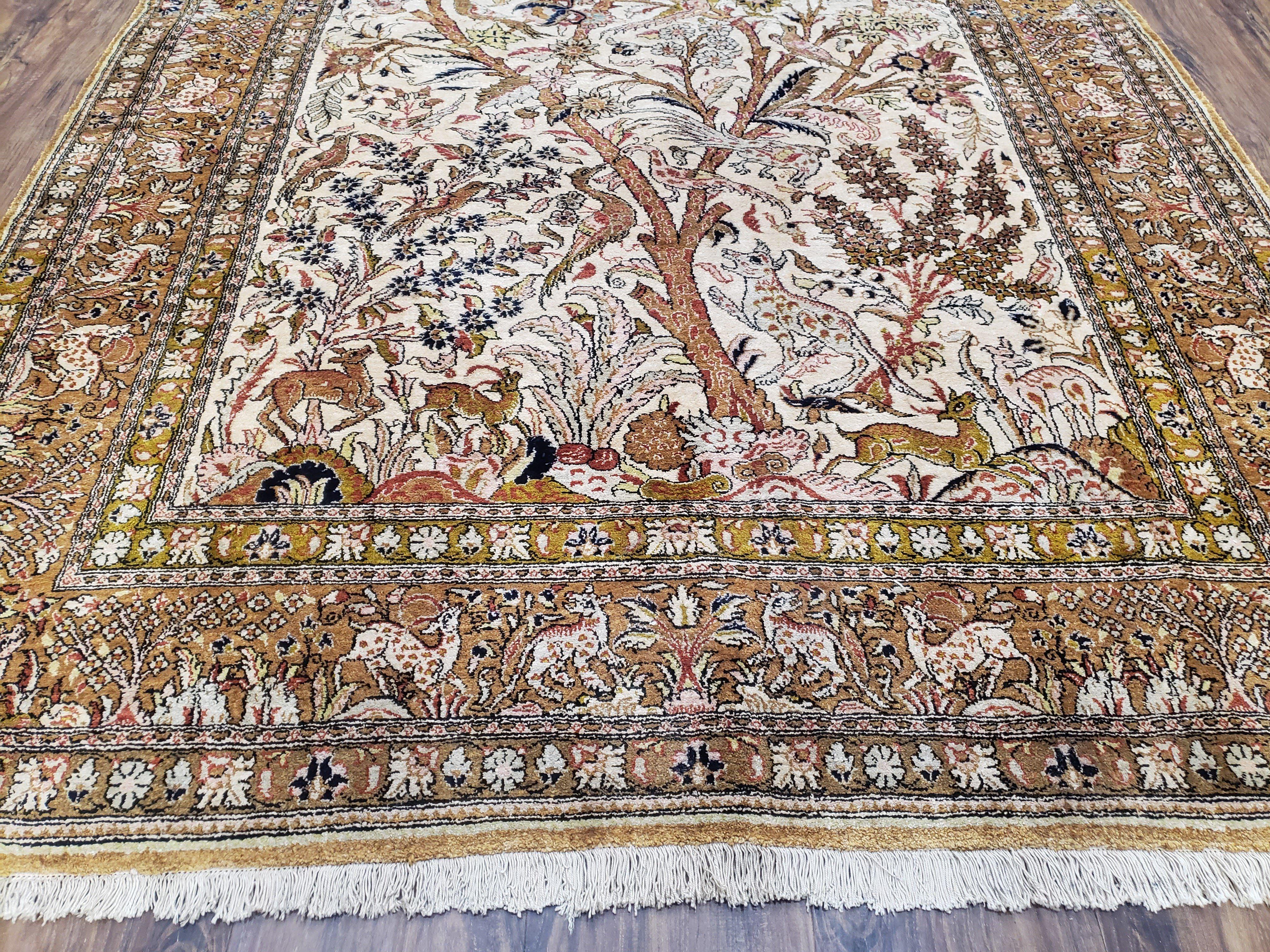 Persian Qum Silk Rug 5x7, Tree of Life Persian Silk Carpet with Animal Pictorials, Birds Deer, Hand Knotted 1950s Fine Rug Cream Gold - Jewel Rugs