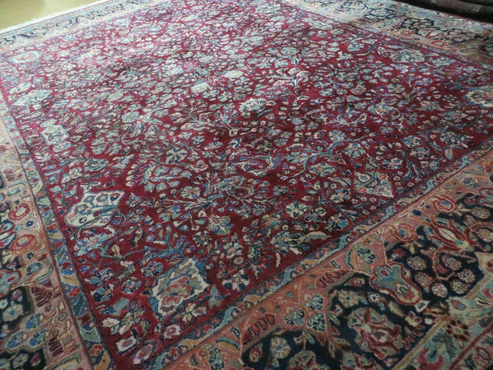 Antique Persian Sarouk Rug 9x11 Red Navy Blue Oriental Carpet, Allover Floral Pattern, Hand Knotted, Wool, Room Sized 9 x 11 ft - Jewel Rugs
