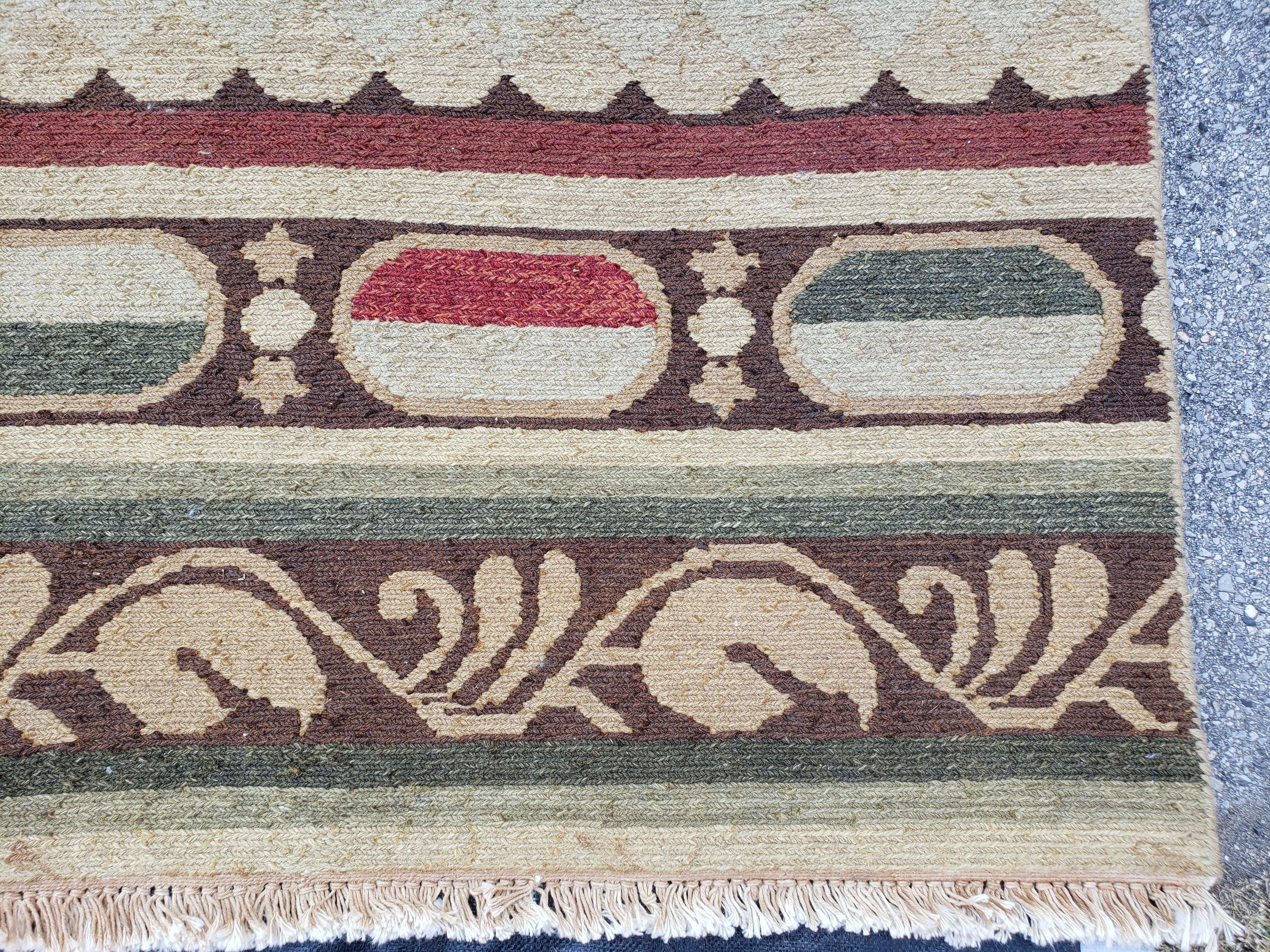 Large Vintage Striped Rug, Handmade, Earth Tone Decor, Beiges Slate Gray Dark Red, Flatweave Indian Striped Carpet, Indian Kilim 10x14, Wool - Jewel Rugs