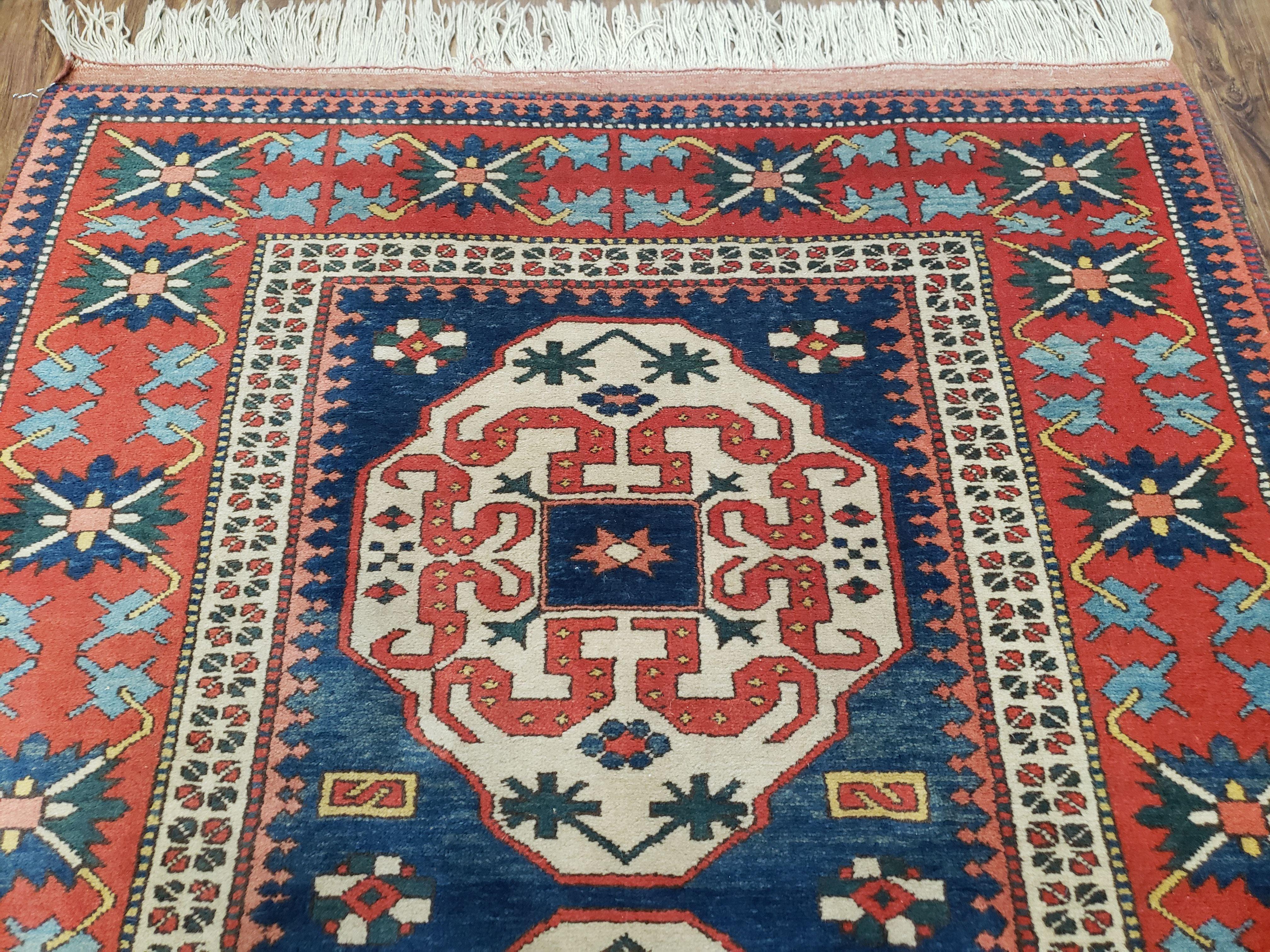 Turkish Kazak Rug 5x6 Vintage Handmade Wool Carpet Geometric Blue Red - Jewel Rugs