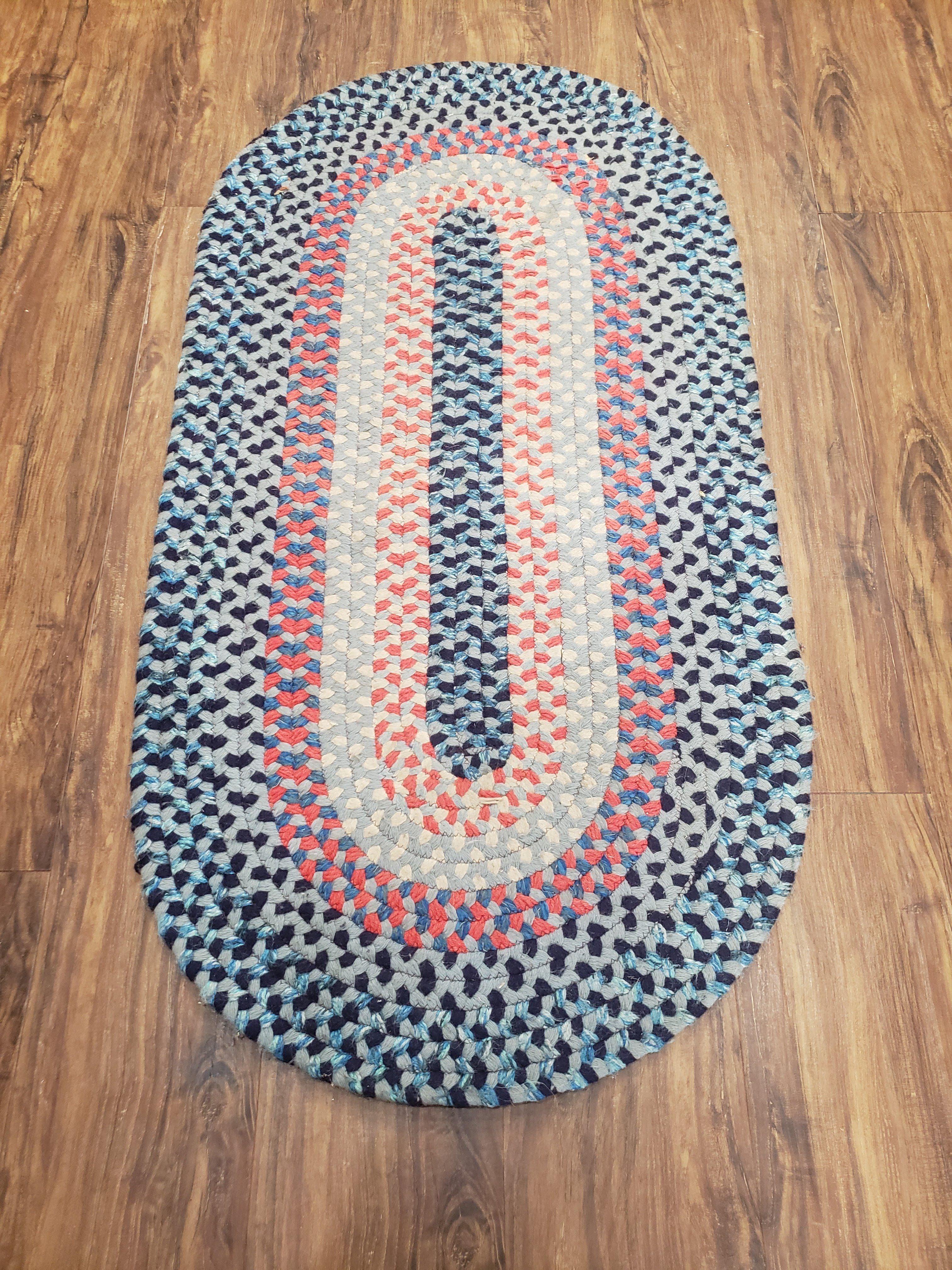 Oval Braided Rug, American Braided Rug, Multicolor Colorful, Blue Teal Cream Pink, 2x4 Oval Rug, Vintage 1960s Rug - Jewel Rugs