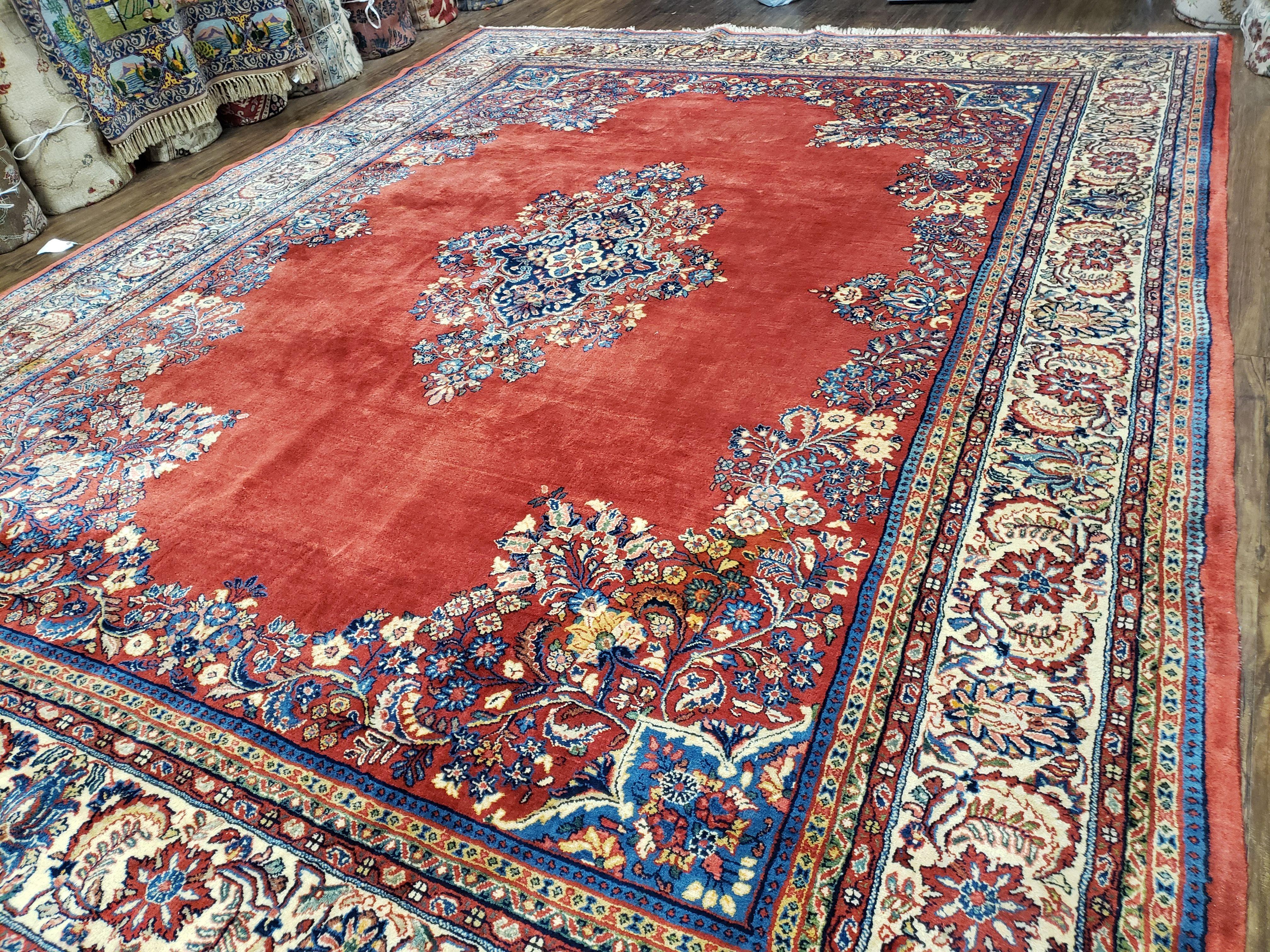 Semi Antique Persian Sarouk Rug 9x12, Semi Open Field with Central Medallion, Hand Knotted Wool, Tomato Red, 9 x 12 Authentic Oriental Carpet - Jewel Rugs