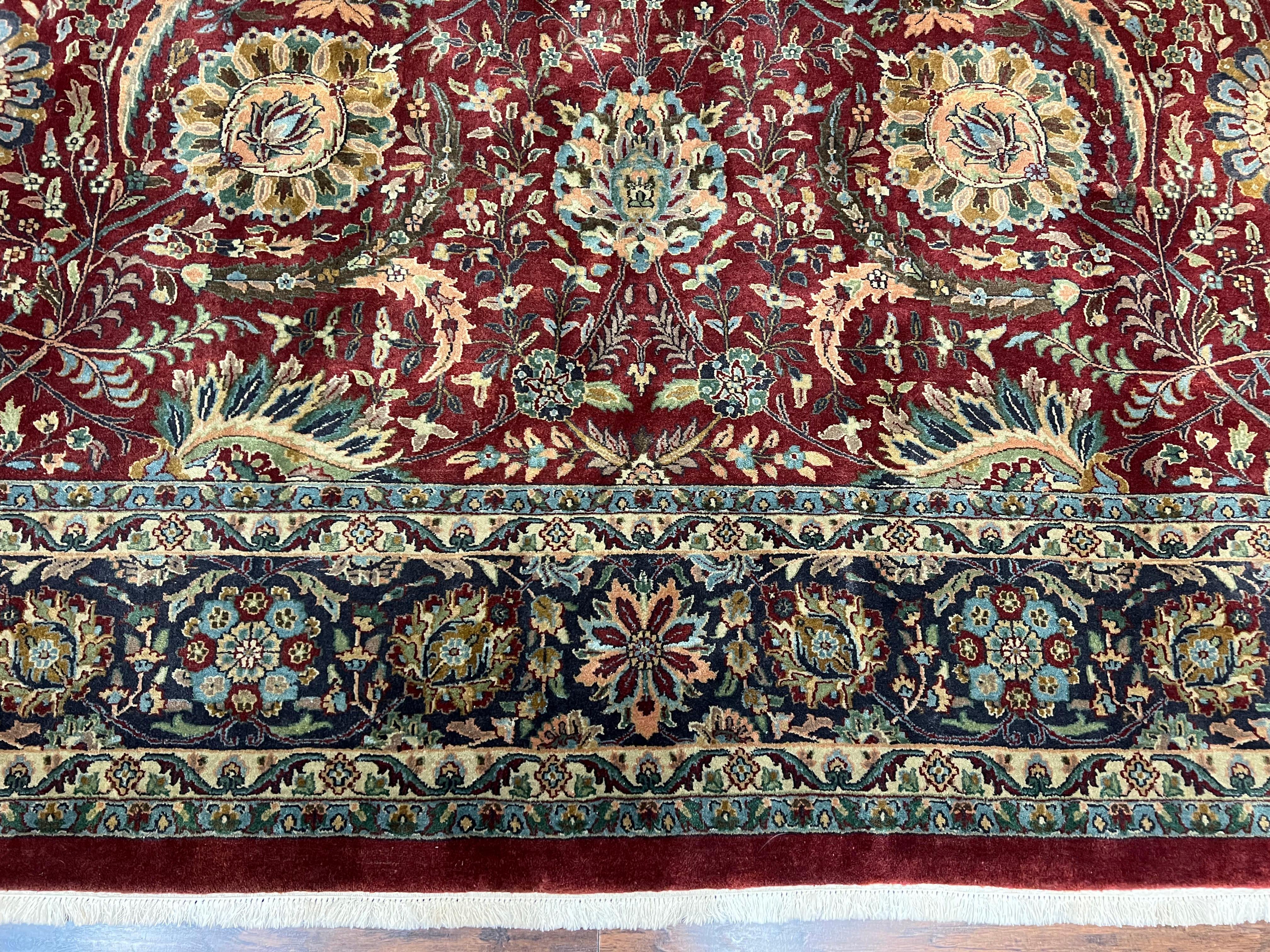 Large Indian Agra Rug 10x13, Maroon Midnight Blue Tan Hand Knotted Wool Oriental Carpet 10 x 13 ft, Floral Allover, Vintage Traditional Rug - Jewel Rugs