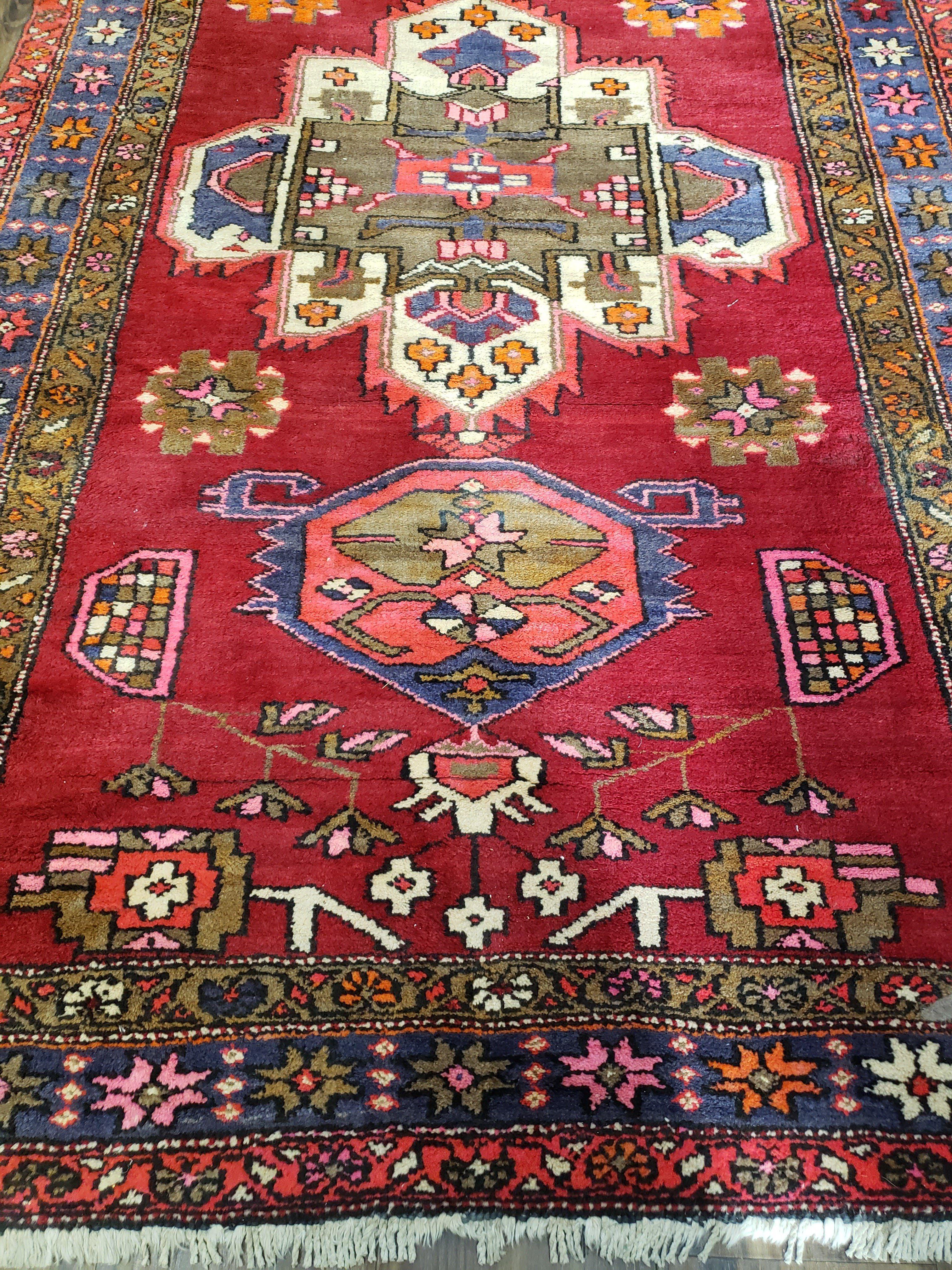Antique Persian Karajeh Runner Rug 4.4 x 11 ft, Red Colorful Bold Vintage Tribal Geometric Heriz Runner, Village Runner, High Quality Handmade, 11ft Runner - Jewel Rugs