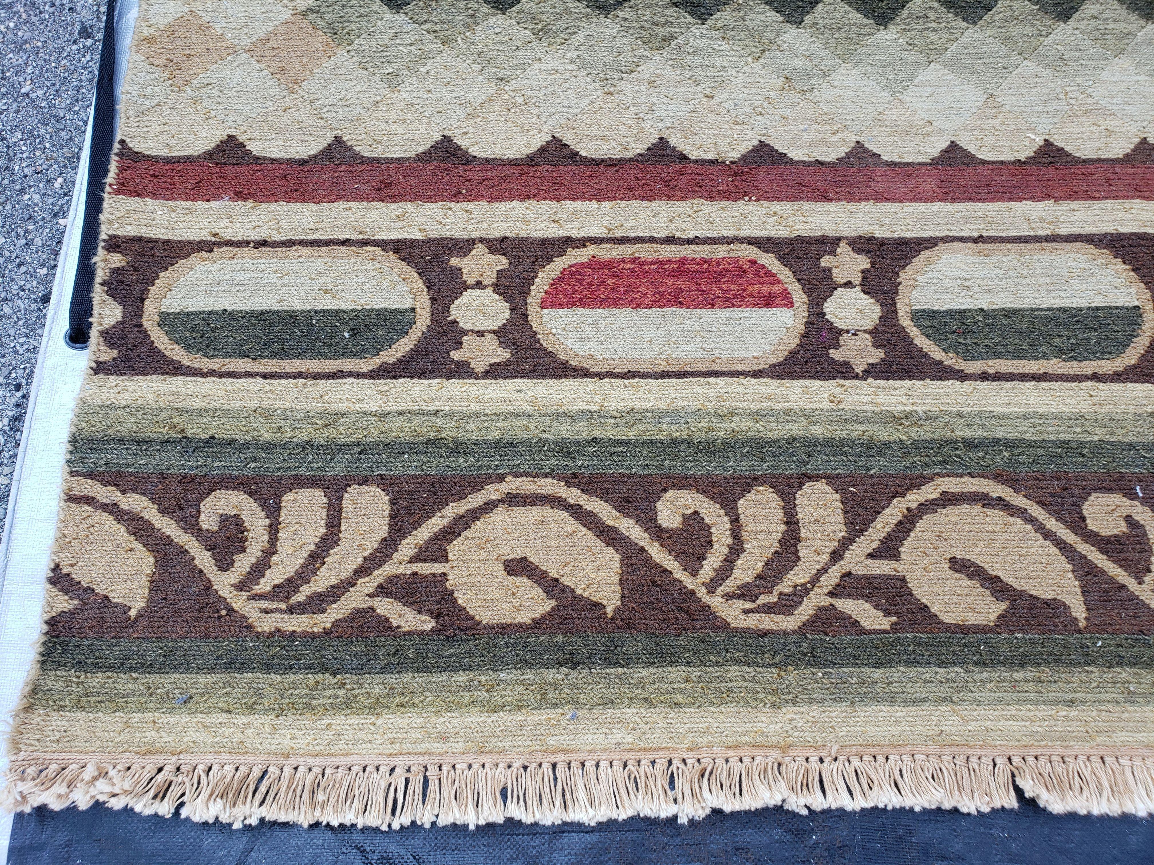 Large Vintage Striped Rug, Handmade, Earth Tone Decor, Beiges Slate Gray Dark Red, Flatweave Indian Striped Carpet, Indian Kilim 10x14, Wool - Jewel Rugs