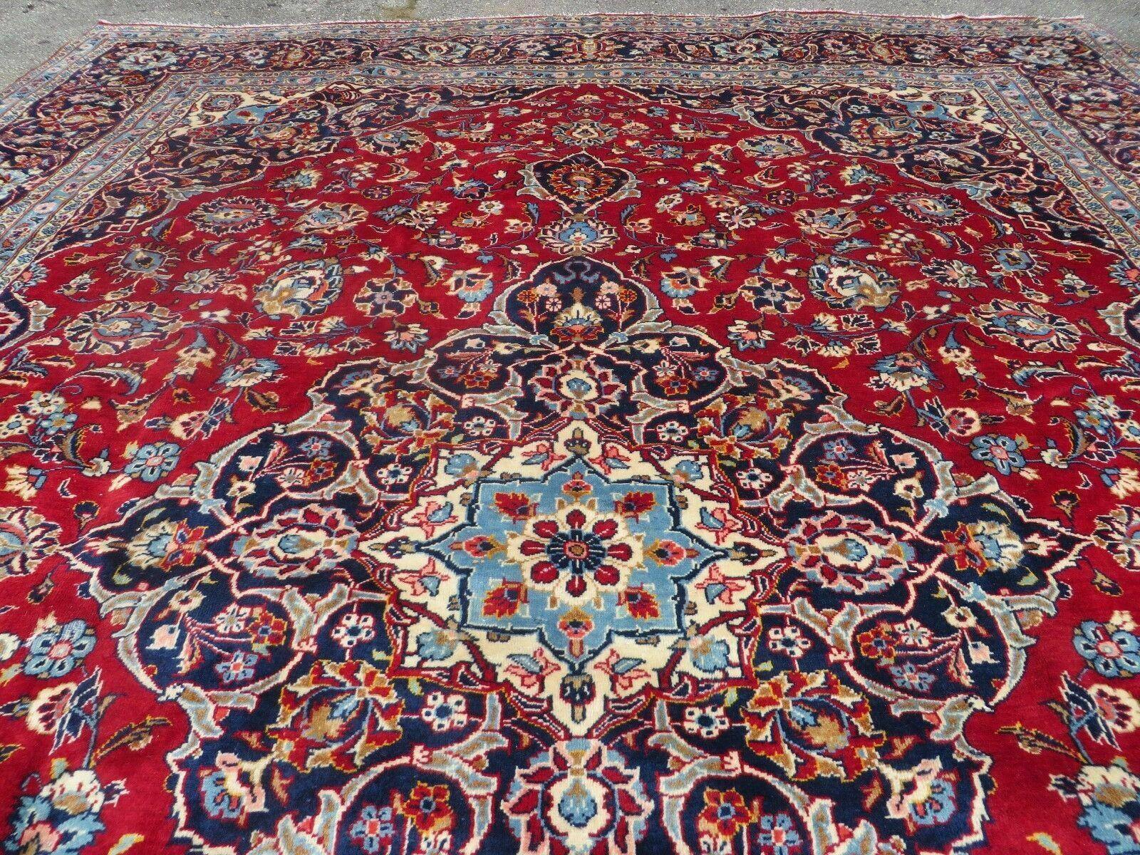 Vintage Persian Kashan Rug 10x13, Hand Knotted Room Sized Carpet, Red Light Blue Dark Blue, Wool, Traditional, Medallion and Corner Design - Jewel Rugs