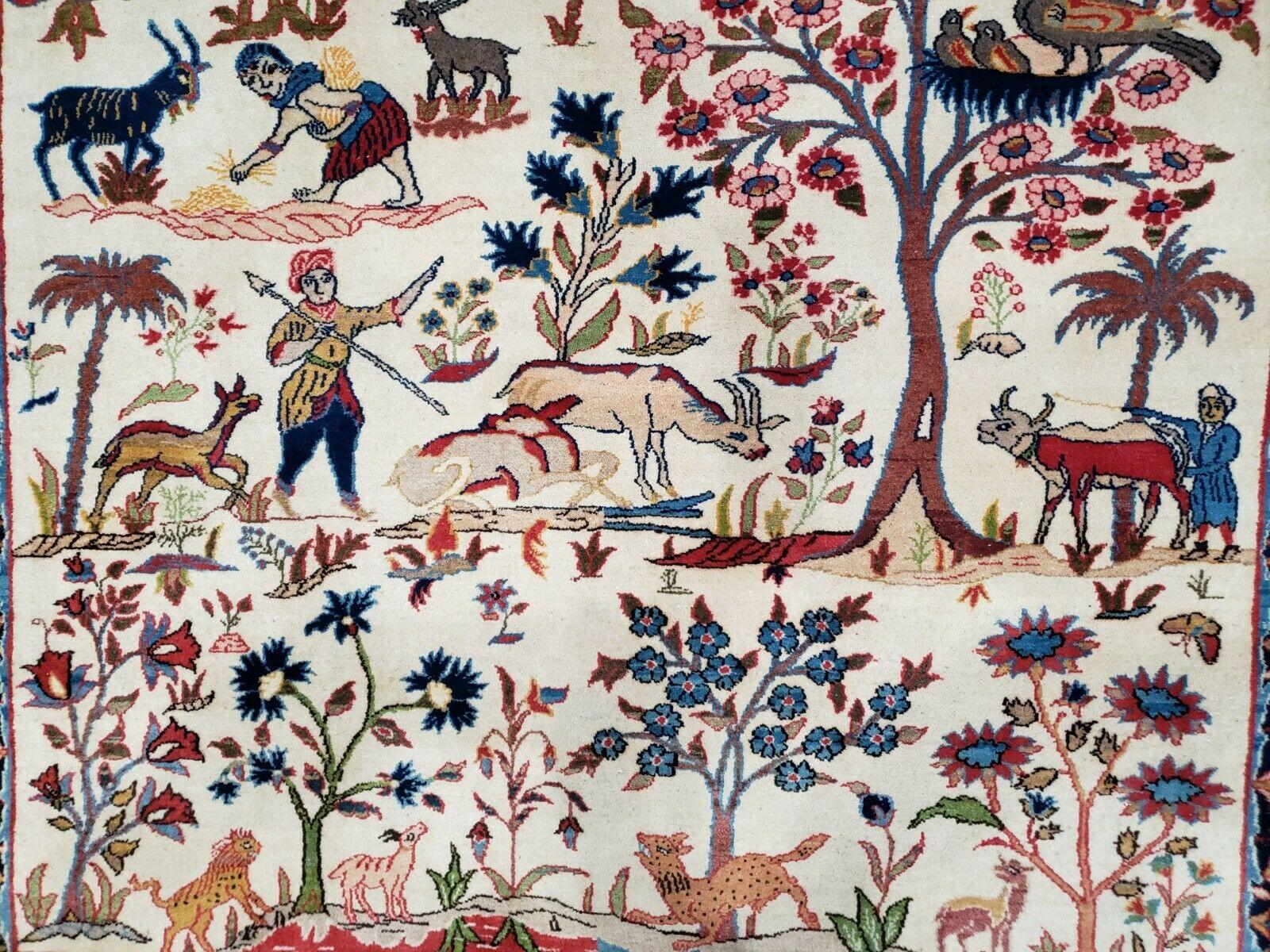 Antique Persian Isfahan Rug 5x7, Animal and Human Pictorials, Hand Knotted Fine Oriental Wool Carpet, Cream and Red, High KPSI, Vintage Rug 5 x 7 ft - Jewel Rugs