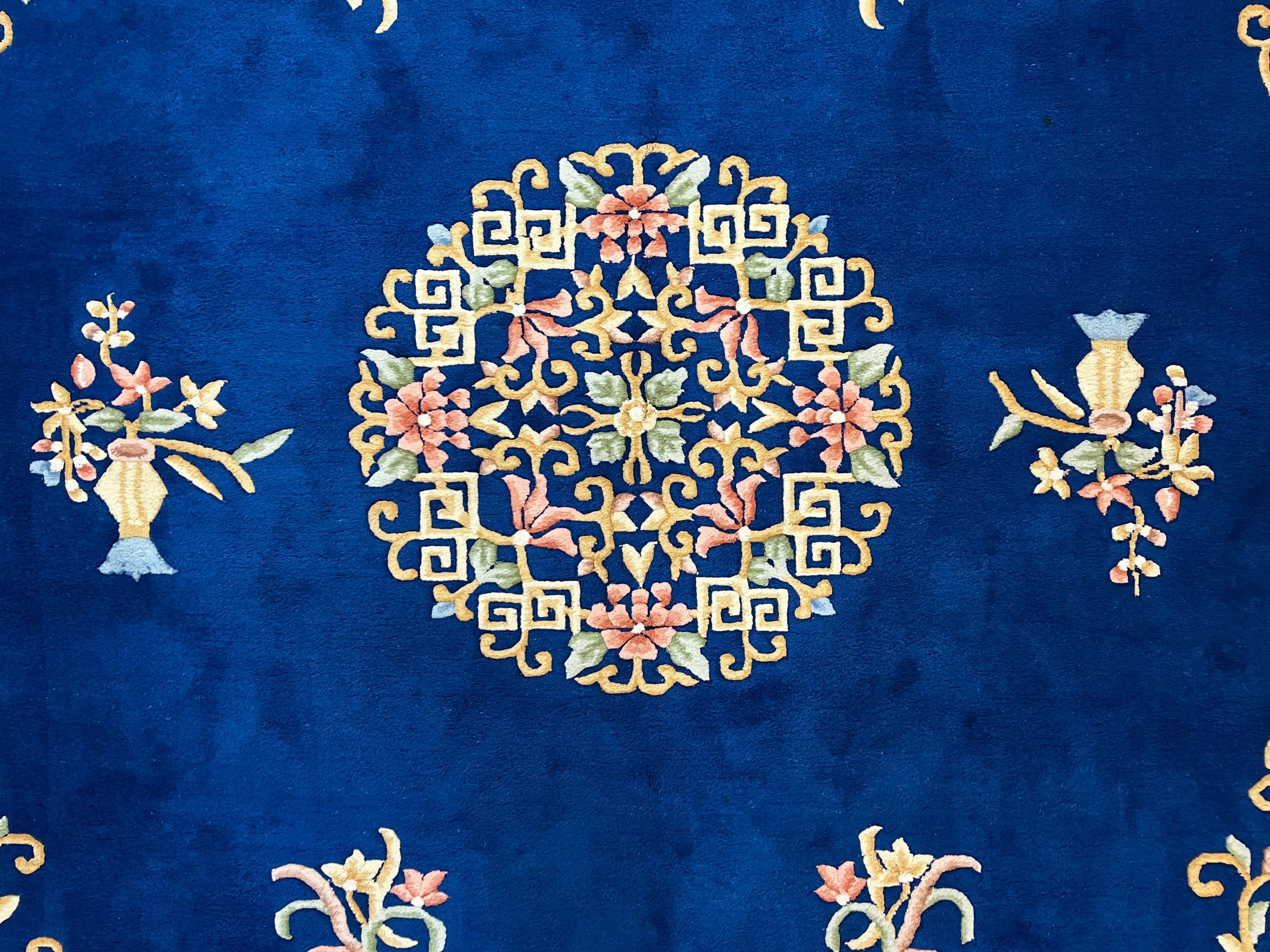 Indo Chinese Wool Rug 10x14, Navy Blue and Beige Hand Knotted Large Asian Oriental Carpet 10 x 14, Handmade Art Deco Vintage Floral Rug - Jewel Rugs