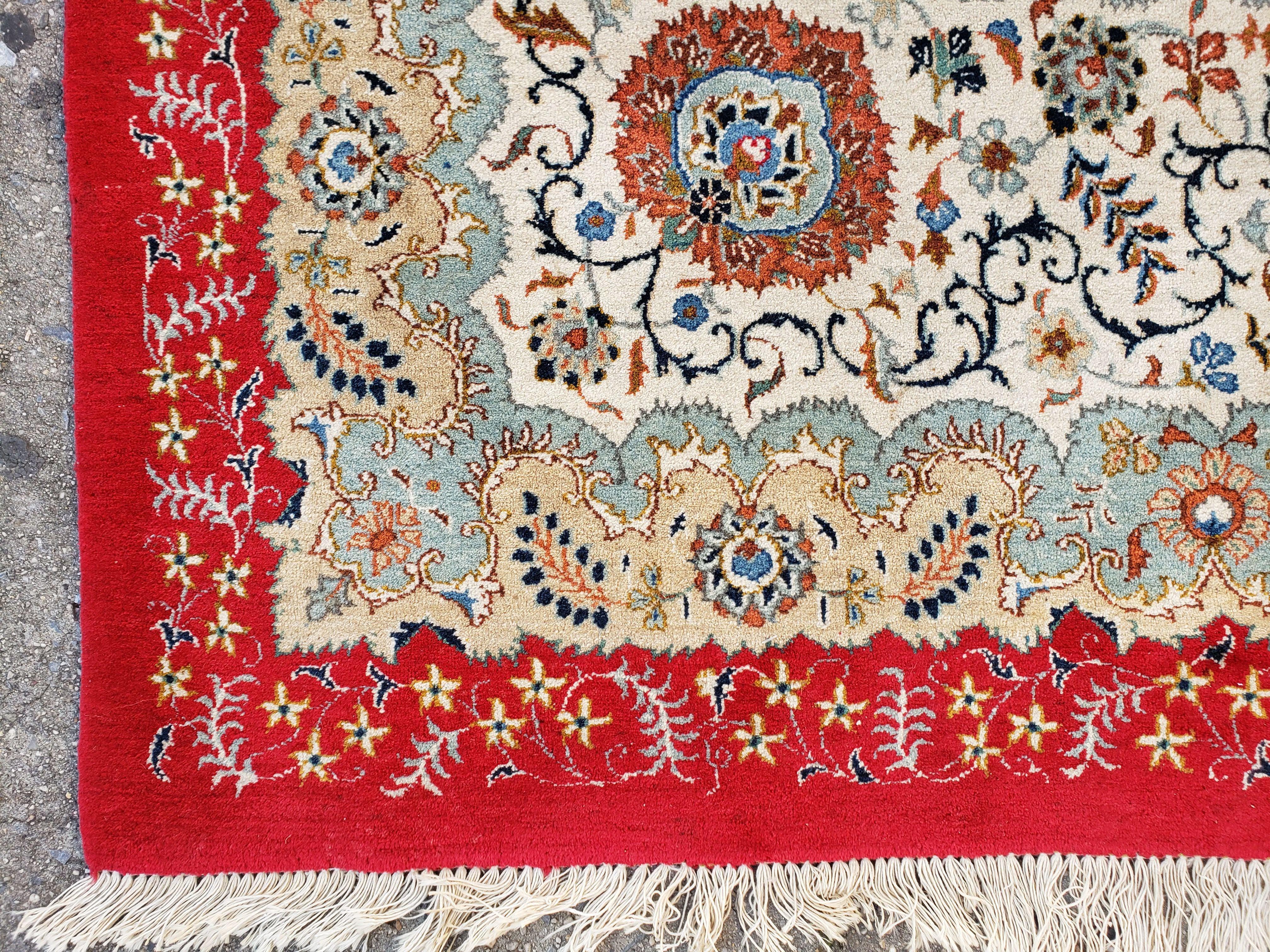 Signed Persian Kashan Rug 10x13 Oriental Carpet 10 x 13 Wool Rug, Allover Floral Medallion, Red Ivory Light Blue, Hand Knotted, Large Persian Rug - Jewel Rugs