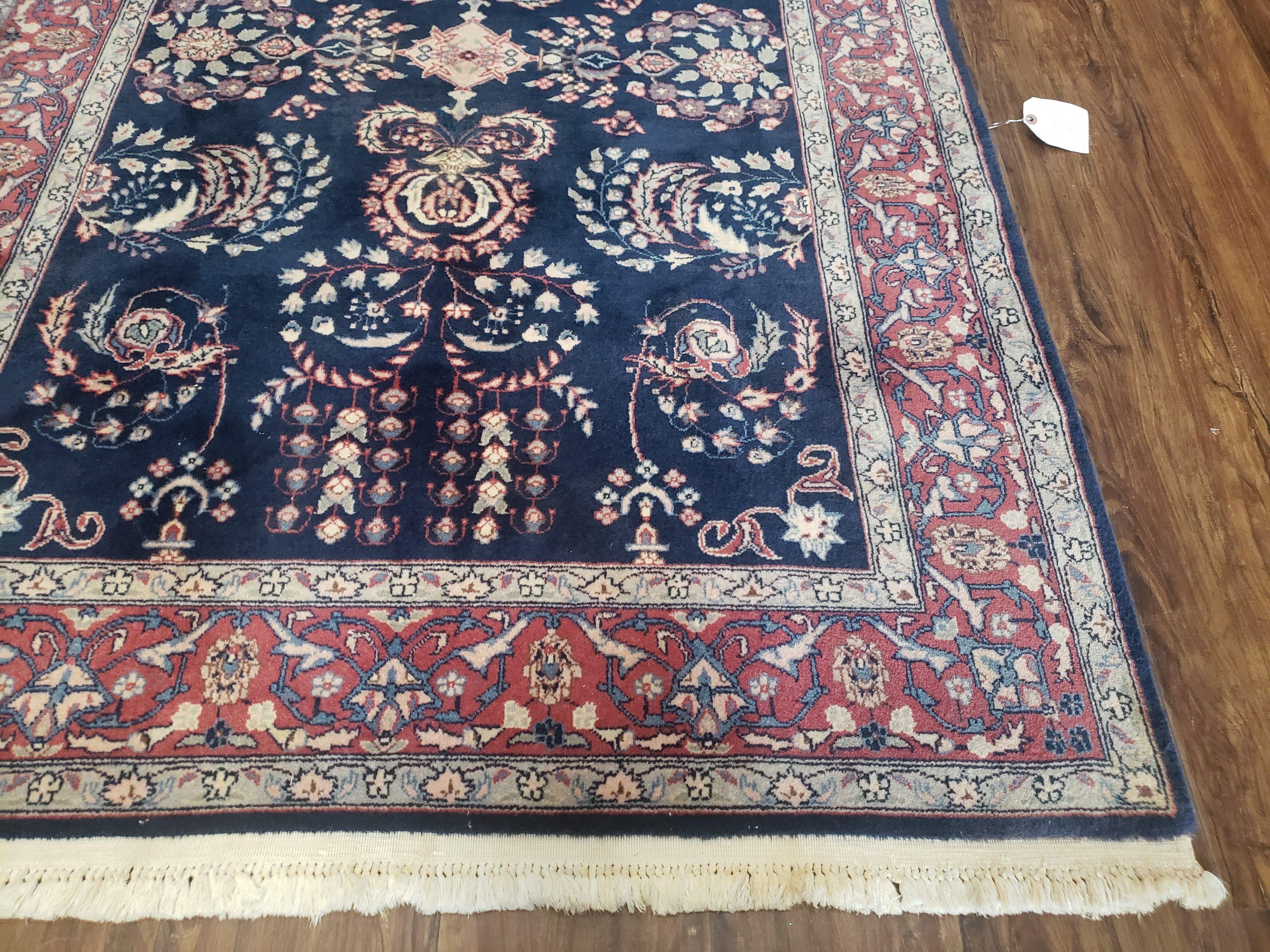 Dark Blue Indo Persian Rug 4x6, Medium Size Hand Knotted Oriental Carpet, Traditional Floral Indian Rug, Blue and Red Entryway Rug, Wool Rug - Jewel Rugs
