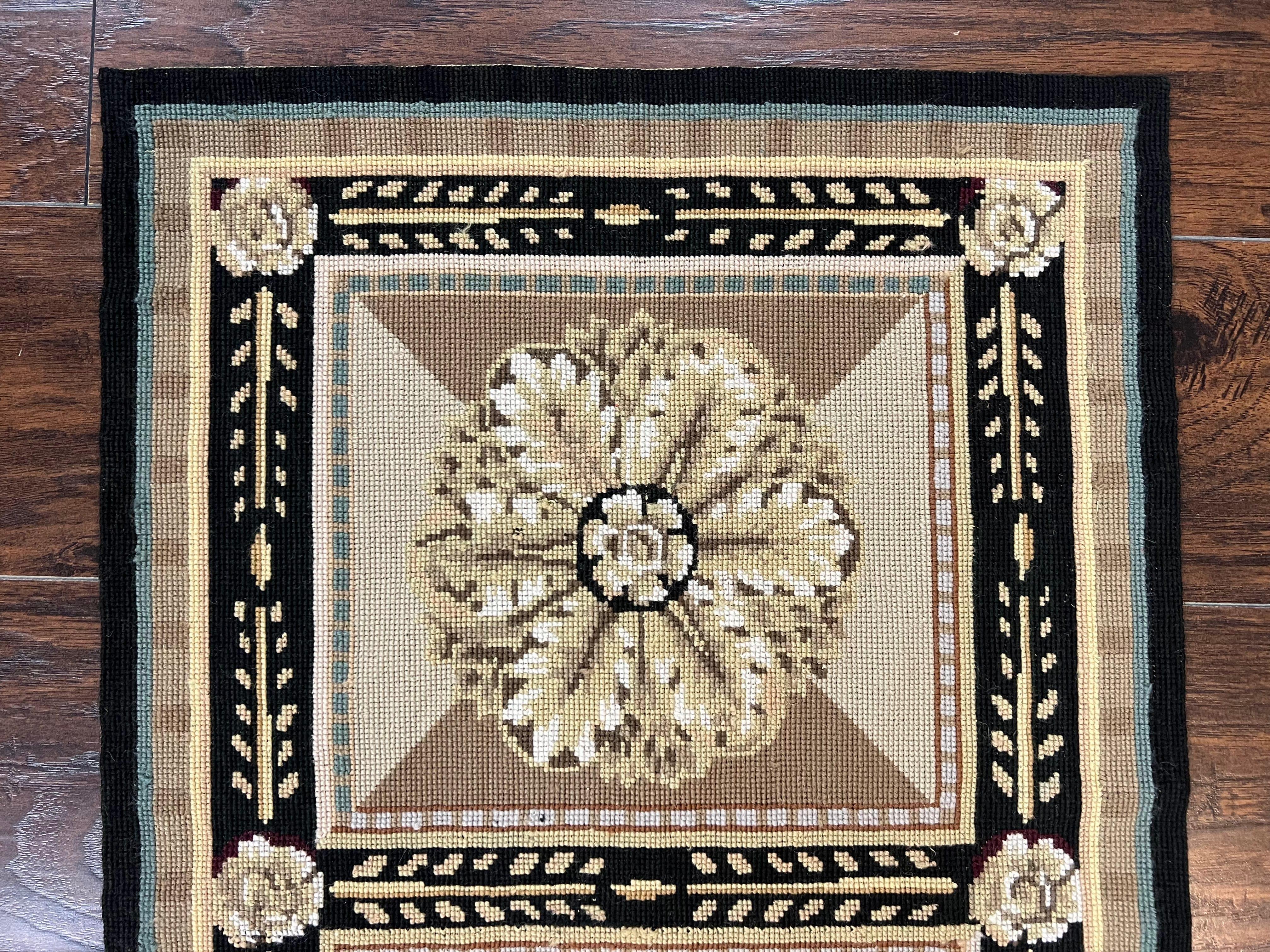 Small Needlepoint Rug 2x3 ft, Flatweave Vintage Handmade Hand-woven Needlepoint Carpet 2 x 3, Wool, Fine, Floral Panel, Beige Tan Black - Jewel Rugs