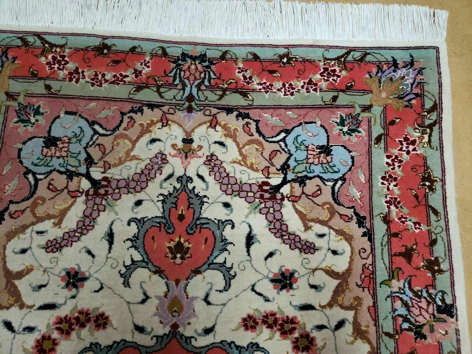 Small Vintage Persian Tabriz Wool and Silk Rug 2.5 x 4 ft, Very Finely Hand Knotted, Medallion, Ivory Salmon Light Blue, Top Quality, Pair B - Jewel Rugs