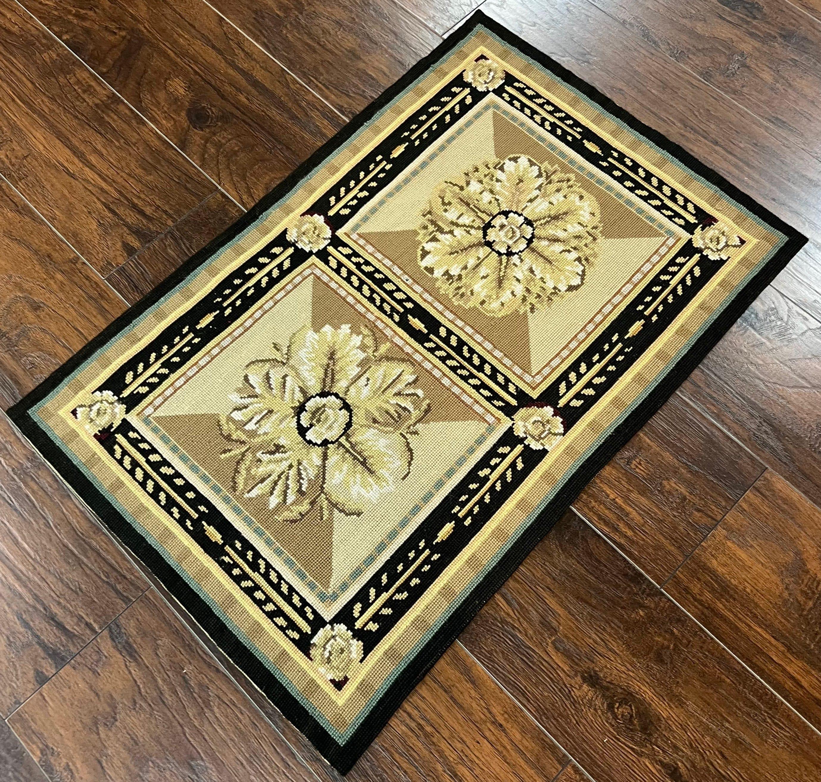 Small Needlepoint Rug 2x3 ft, Flatweave Vintage Handmade Hand-woven Needlepoint Carpet 2 x 3, Wool, Fine, Floral Panel, Beige Tan Black - Jewel Rugs
