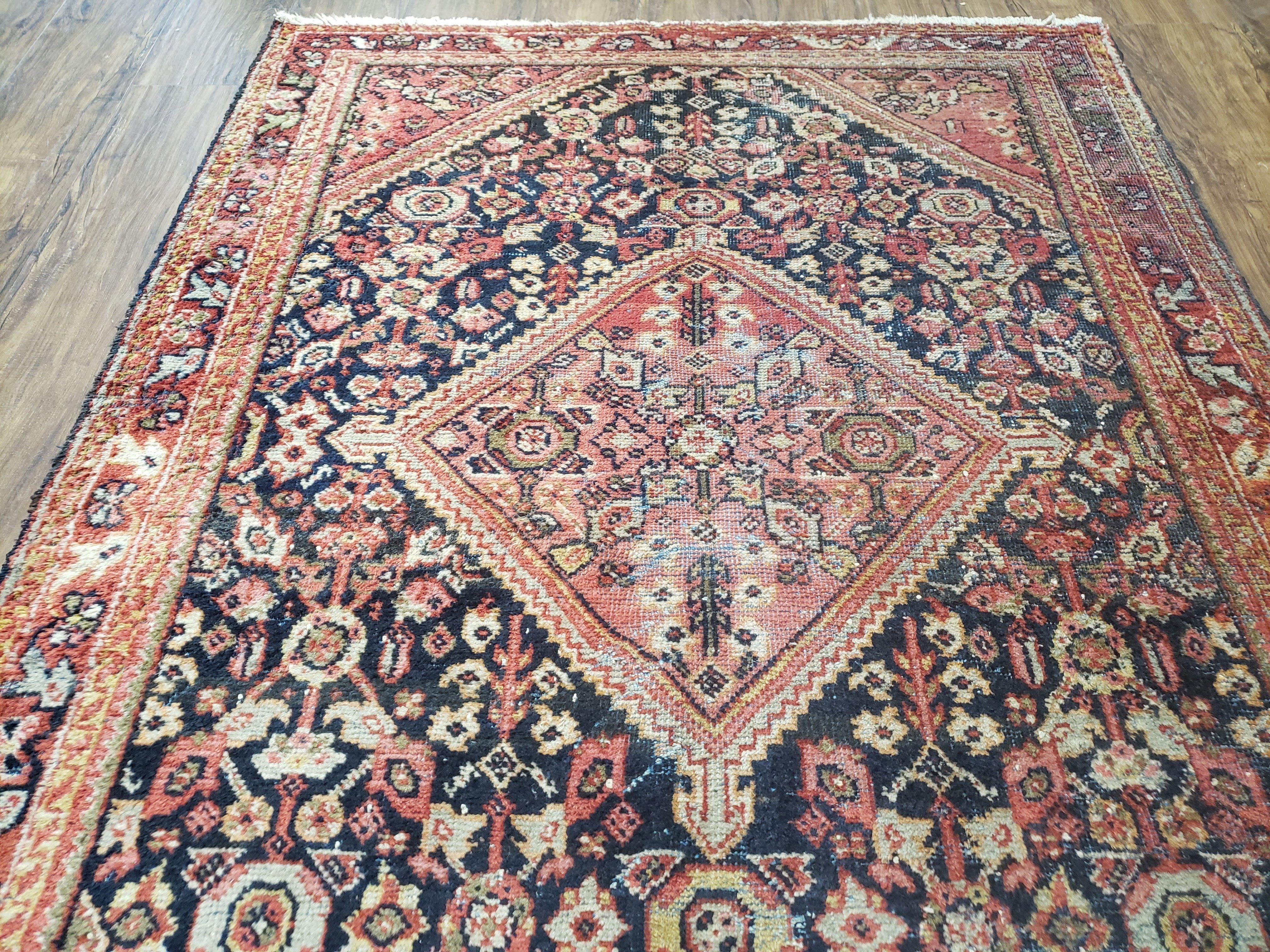 Antique Persian Mahal Area Rug 4.4 x 6.6, Wool Hand-Knotted Shabby Chic Oriental Rug, Red Black 1930s Foyer Room Carpet, Low Pile Boho Rug - Jewel Rugs