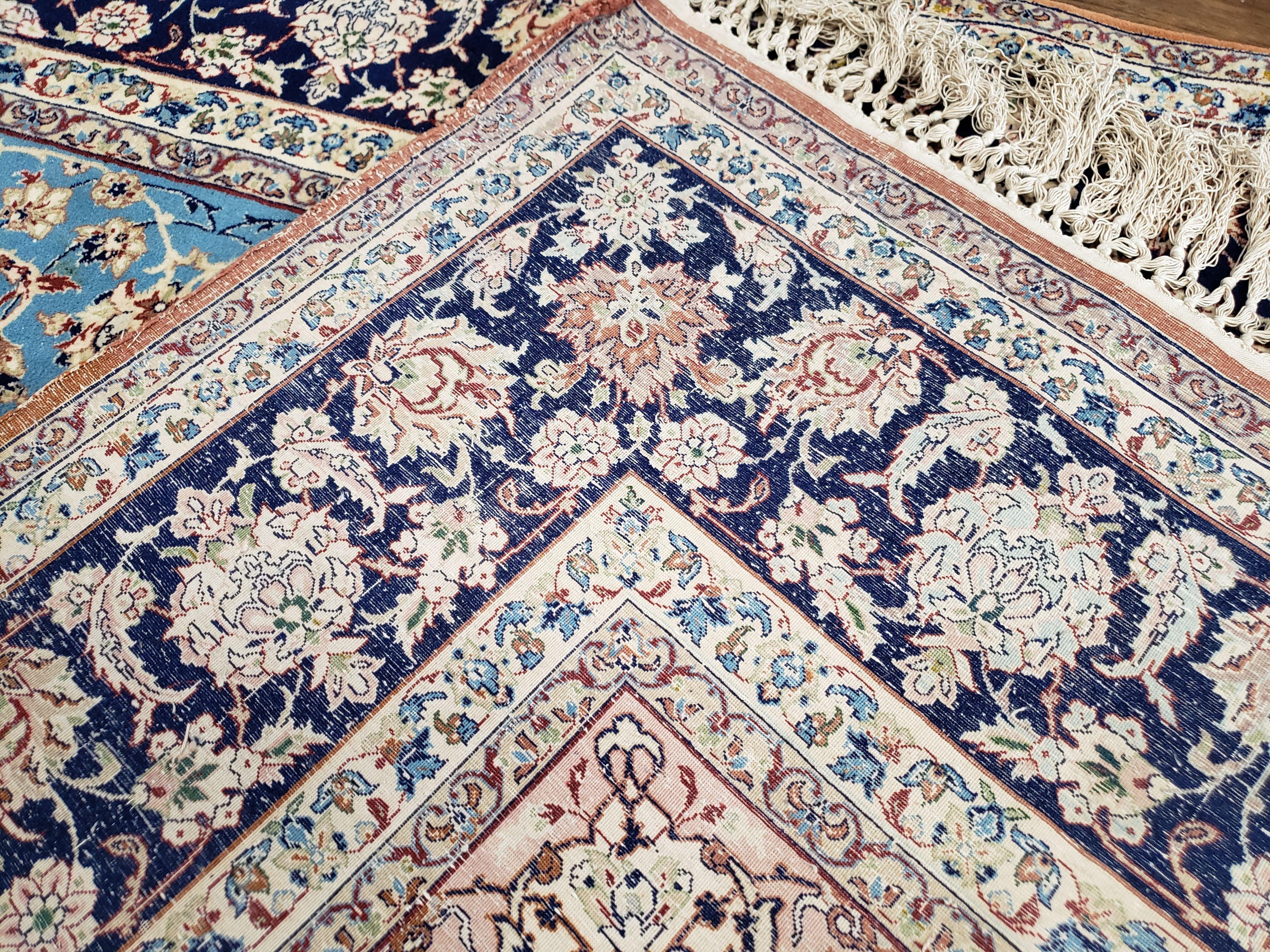 Semi Antique Persian Isfahan Rug, Kork Wool on Silk Foundation, Sky Blue, Hand-Knotted, 5' 1" x 7' 8" - Jewel Rugs