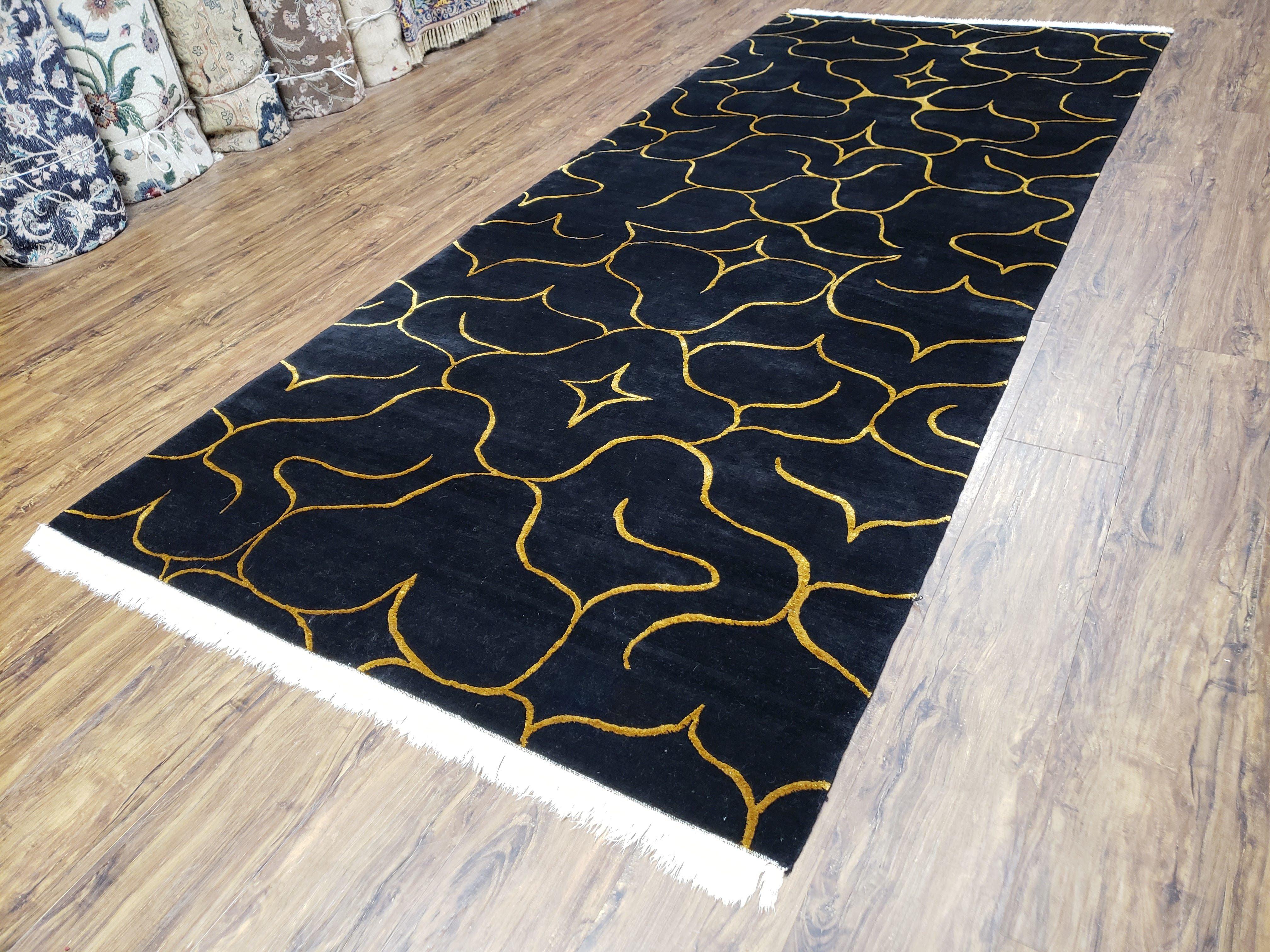 Black Tibetan Runner Rug, Wide Runner Rug, Black and Gold Rug, Handmade Carpet, 4.5 x 10 Rug, Wool and Silk Rug, Modern Tibetan Rug Abstract - Jewel Rugs