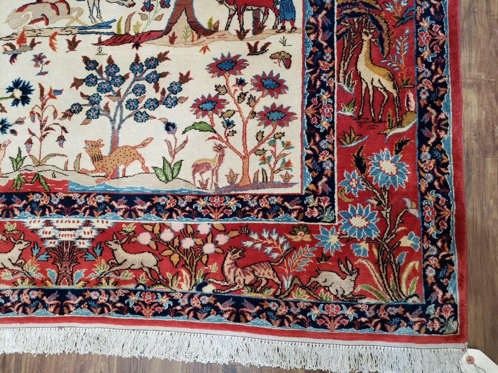 Antique Persian Isfahan Rug 5x7, Animal and Human Pictorials, Hand Knotted Fine Oriental Wool Carpet, Cream and Red, High KPSI, Vintage Rug 5 x 7 ft - Jewel Rugs