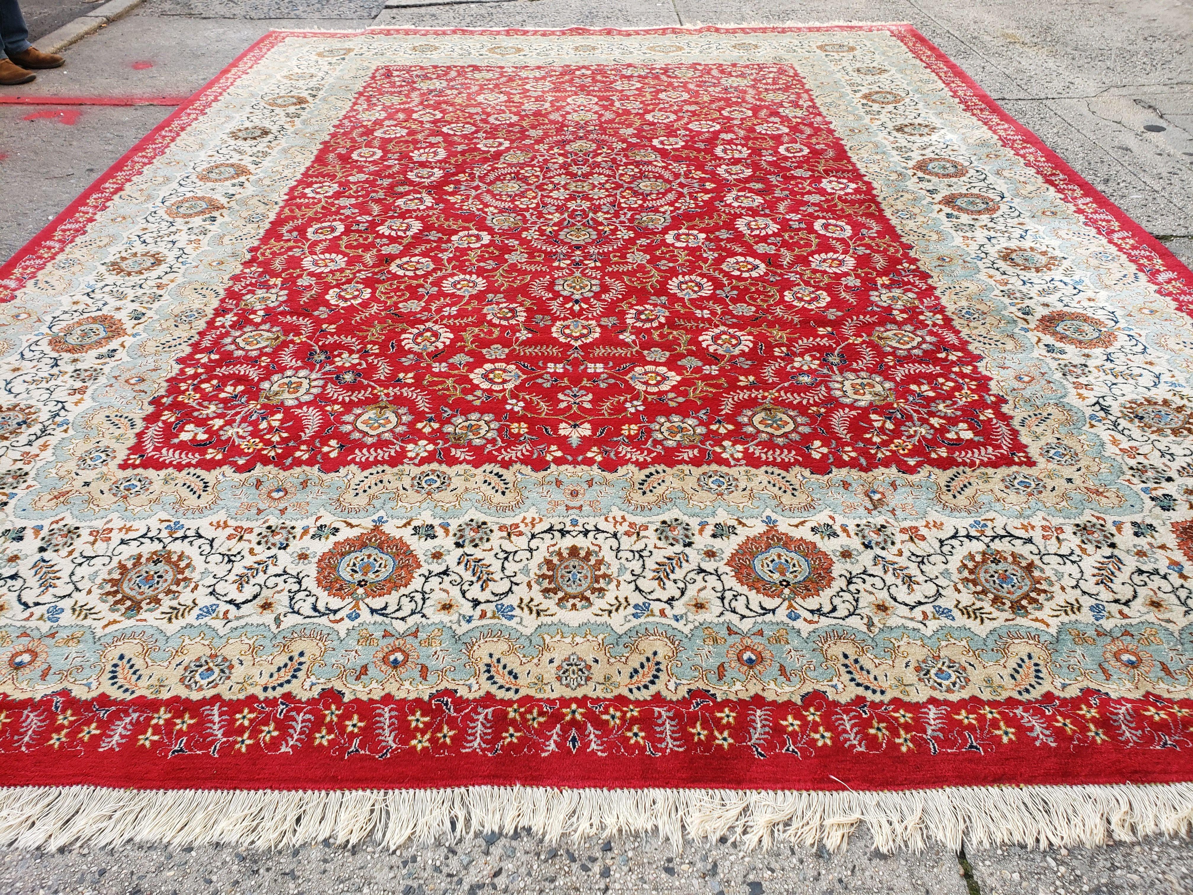 Signed Persian Kashan Rug 10x13 Oriental Carpet 10 x 13 Wool Rug, Allover Floral Medallion, Red Ivory Light Blue, Hand Knotted, Large Persian Rug - Jewel Rugs