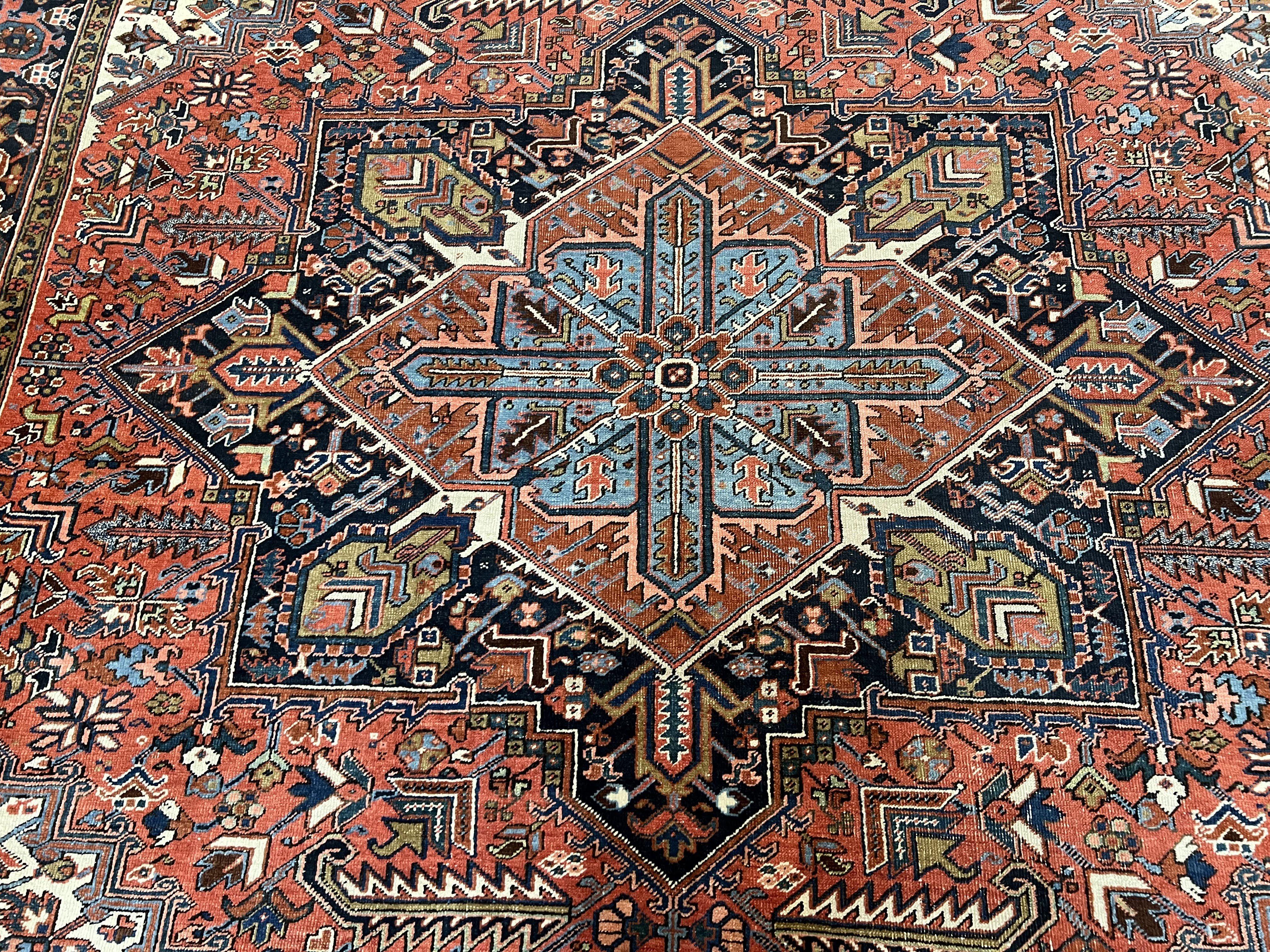 Stunning Persian Heriz Serapi Rug 10x13, Geometric Carpet 10 x 13 ft, Semi Antique Vintage Rug, Red Light Blue Ivory, Hand Knotted Wool Wow - Jewel Rugs