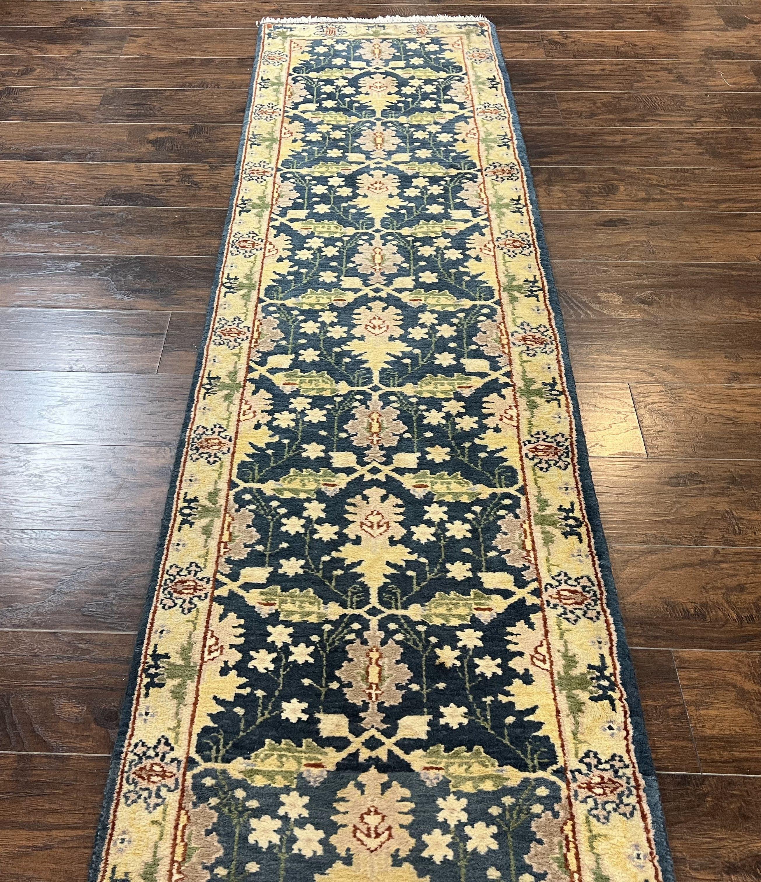 Indian Runner Rug 2.6 x 12, Navy Blue Beige Oriental Runner Rug 12ft Long, Narrow Hallway Runner, Wool Hand Knotted Indo Persian Mahal Rug - Jewel Rugs