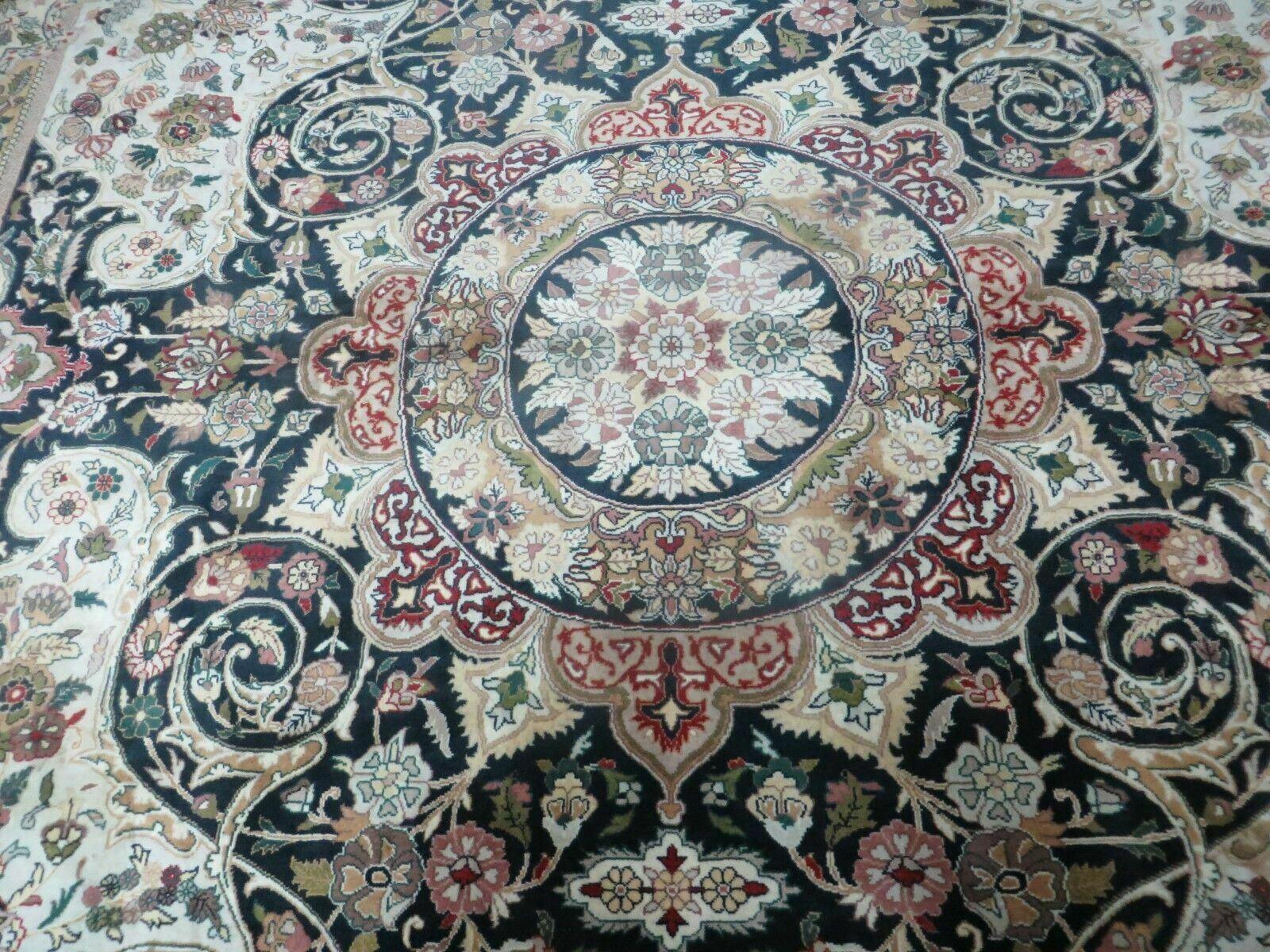 Beautiful Sino Persian Rug 9x12, Elegant High Quality Handmade Wool Oriental Carpet, Medallion with Corner Design, Floral, Black and Ivory - Jewel Rugs