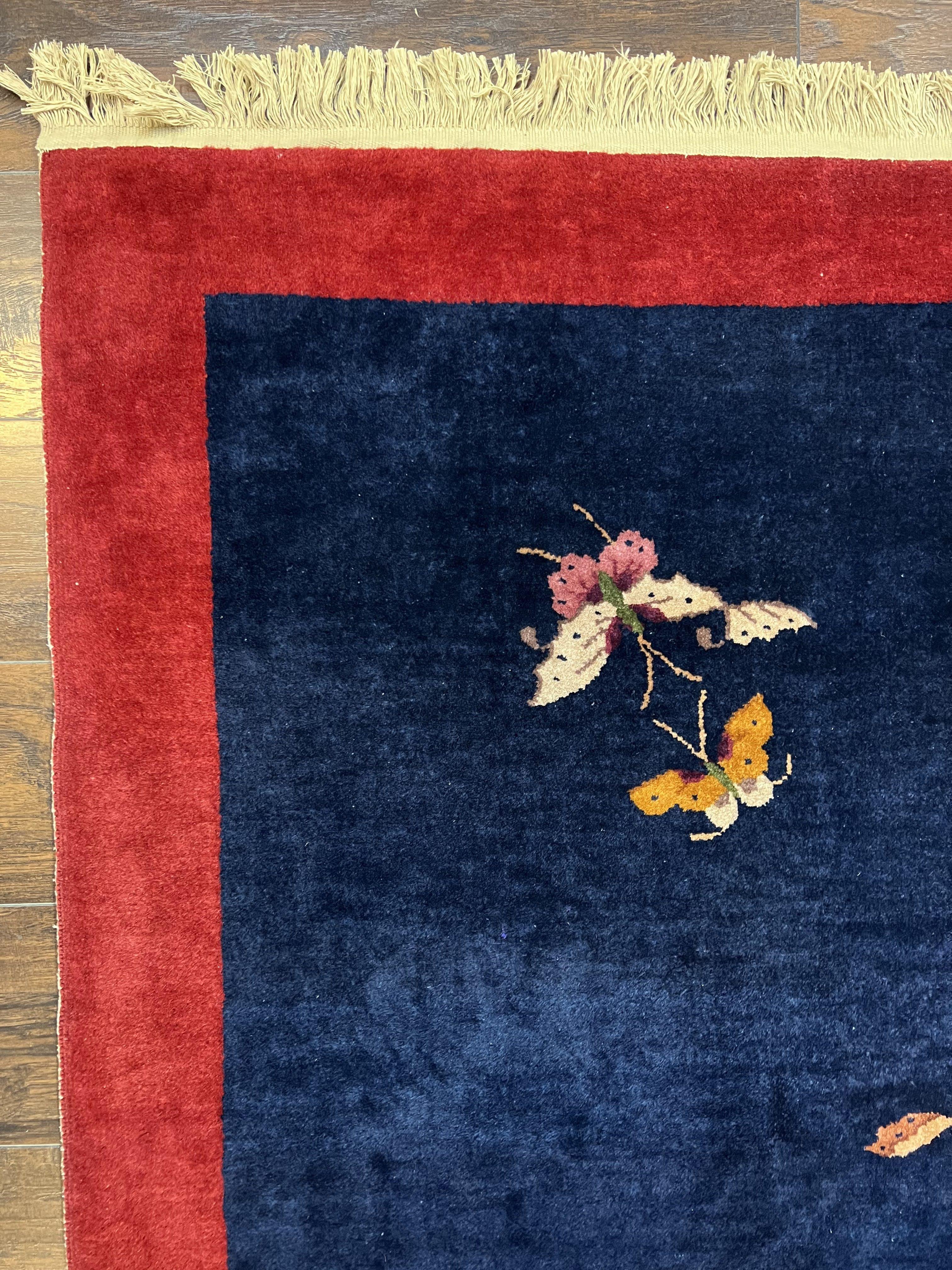 Chinese Art Deco Rug 8x10, Nichols Rug, Navy Blue and Red, Handmade Wool Carpet 8 x 10, Semi Antique Vintage Asian Oriental Rug, Butterflies - Jewel Rugs