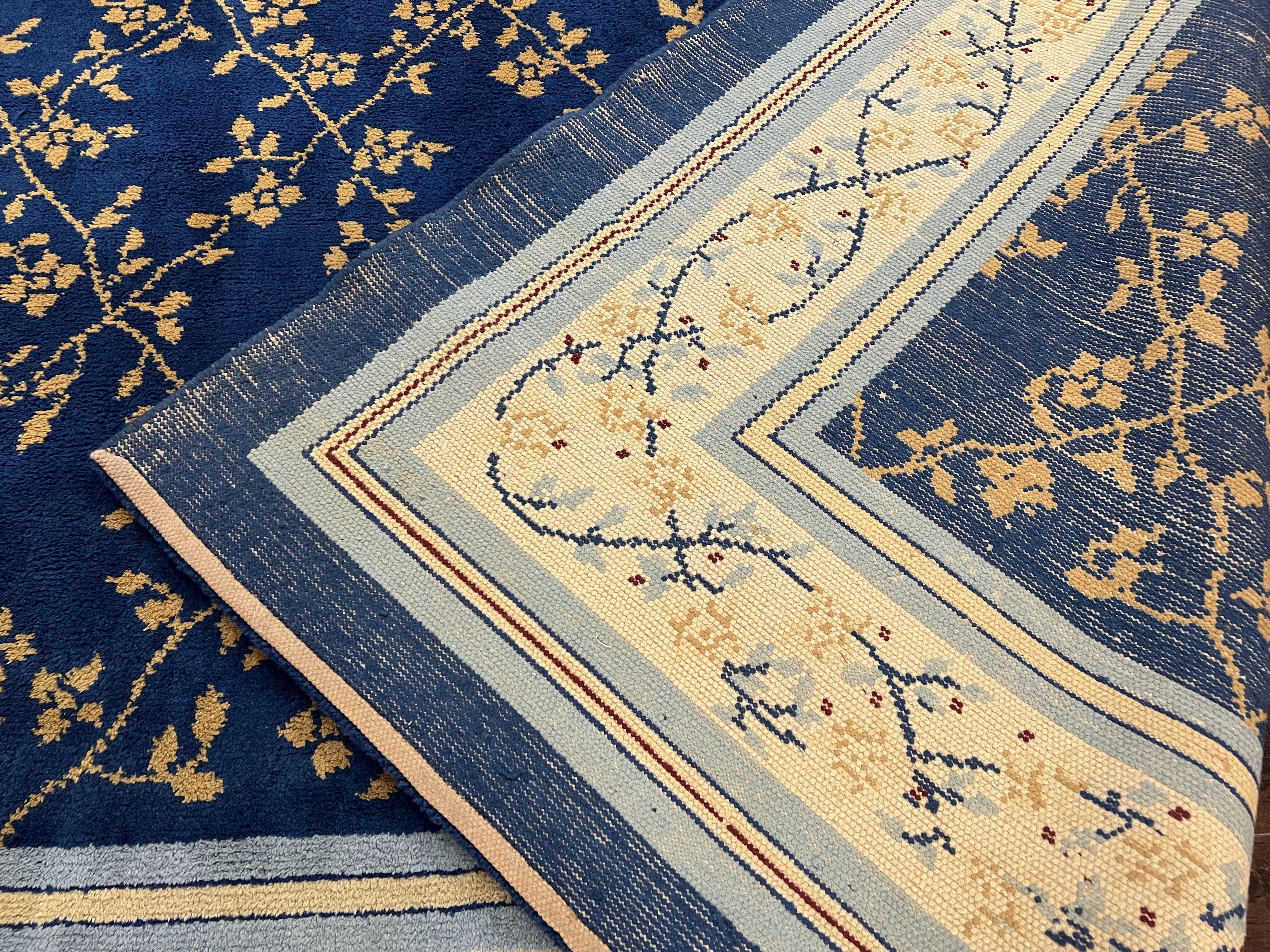 Vintage Spanish Portuguese Area Rug 10x12, Almost Square Size, Navy Blue - Gold - Cream, Floral European Design, Soft Wool Carpet Handmade - Jewel Rugs