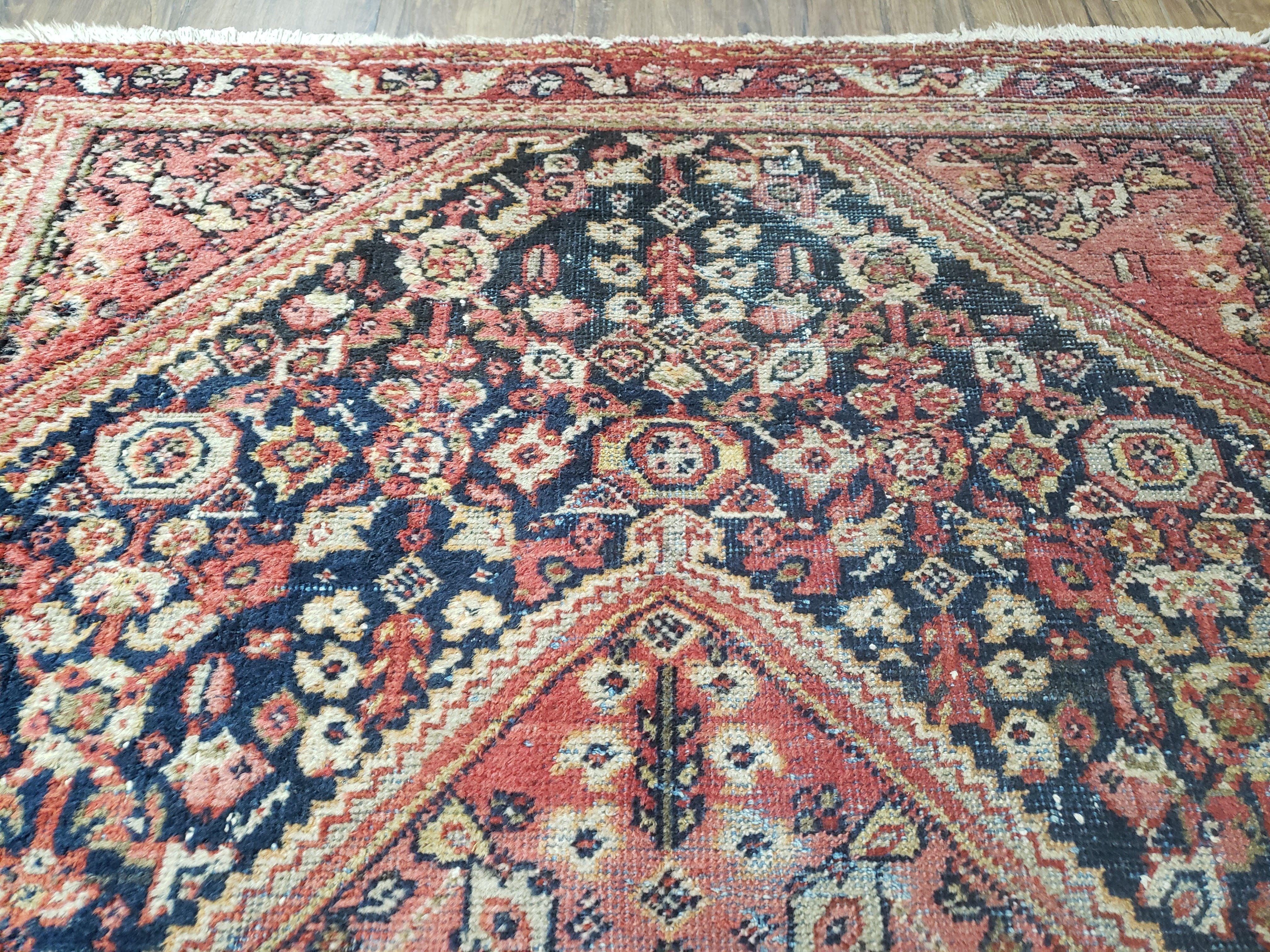 Antique Persian Mahal Area Rug 4.4 x 6.6, Wool Hand-Knotted Shabby Chic Oriental Rug, Red Black 1930s Foyer Room Carpet, Low Pile Boho Rug - Jewel Rugs