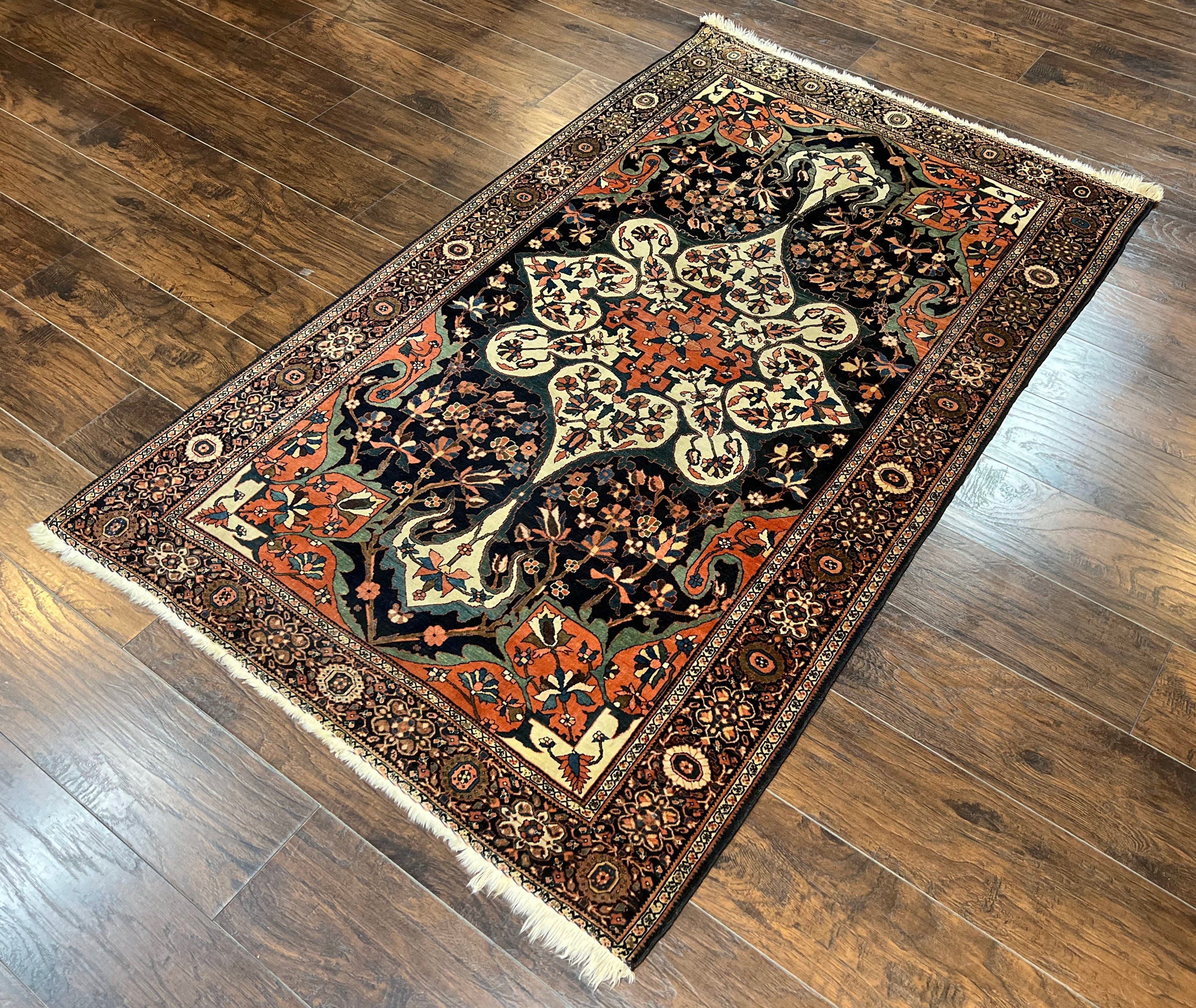 Antique Persian Sarouk Rug 4x7, Sarouk Farahan Carpet, 1880s Antique Oriental Rug, Late 19th Century, Handmade, Medallion, Cream Navy Red - Jewel Rugs