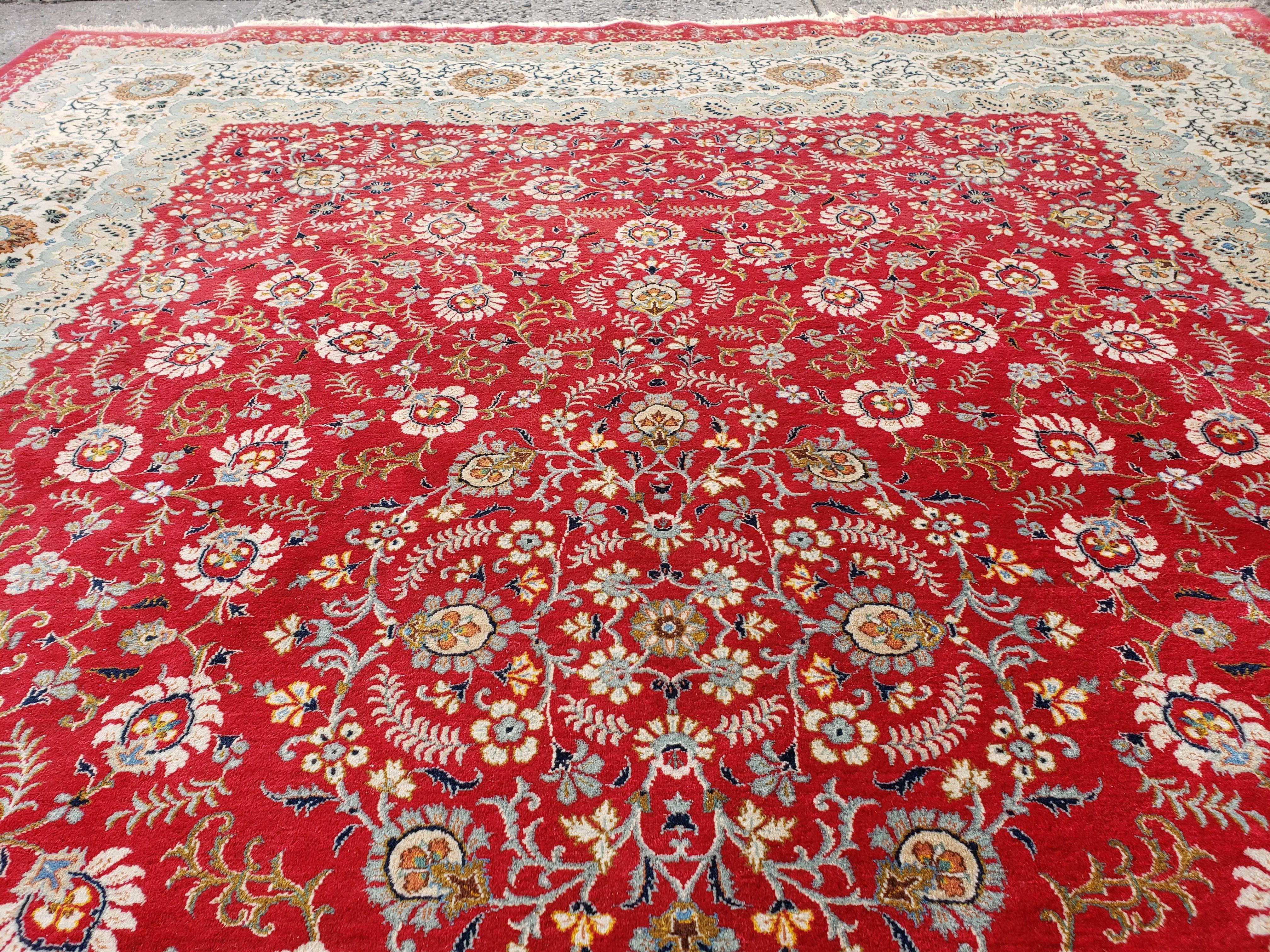 Signed Persian Kashan Rug 10x13 Oriental Carpet 10 x 13 Wool Rug, Allover Floral Medallion, Red Ivory Light Blue, Hand Knotted, Large Persian Rug - Jewel Rugs