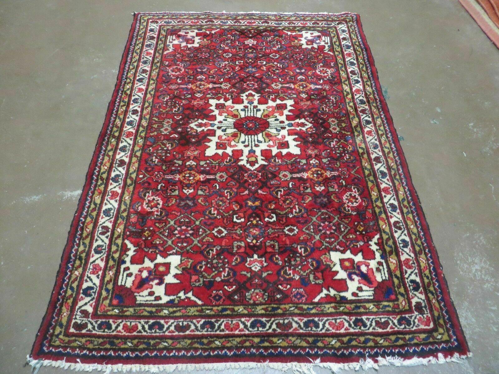 Semi Antique Persian Hamadan Rug 4x6, Vintage Handmade Hand Knotted Wool Oriental Carpet, Tribal Medallion, Vegetable Dyes, Red Ivory - Jewel Rugs
