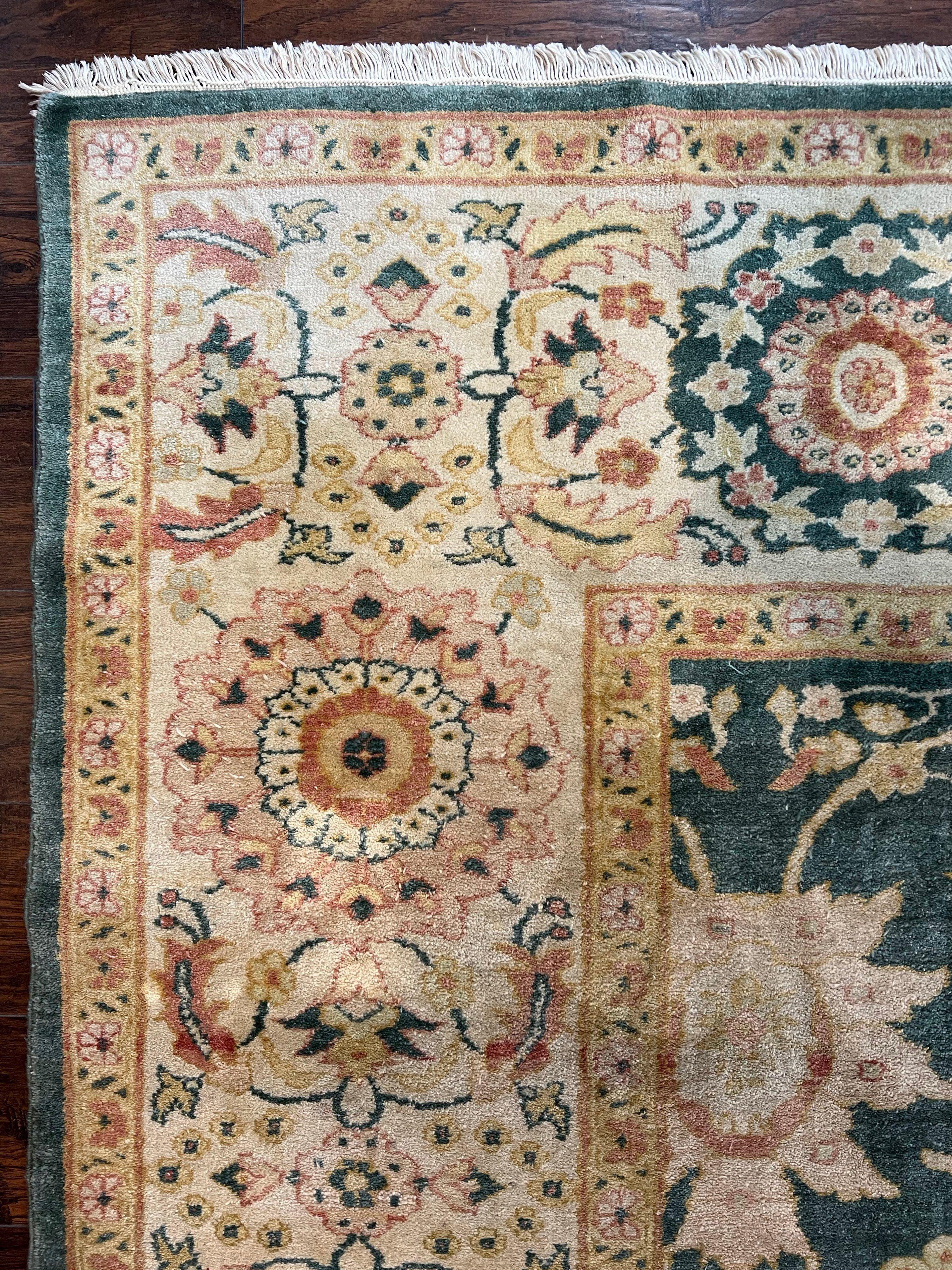 Egyptian Mahal Rug 10x14, Large Vintage Floral Hand Knotted Wool Carpet 10 x 14, Dark Green and Beige Traditional Handmade Persian Area Rug - Jewel Rugs