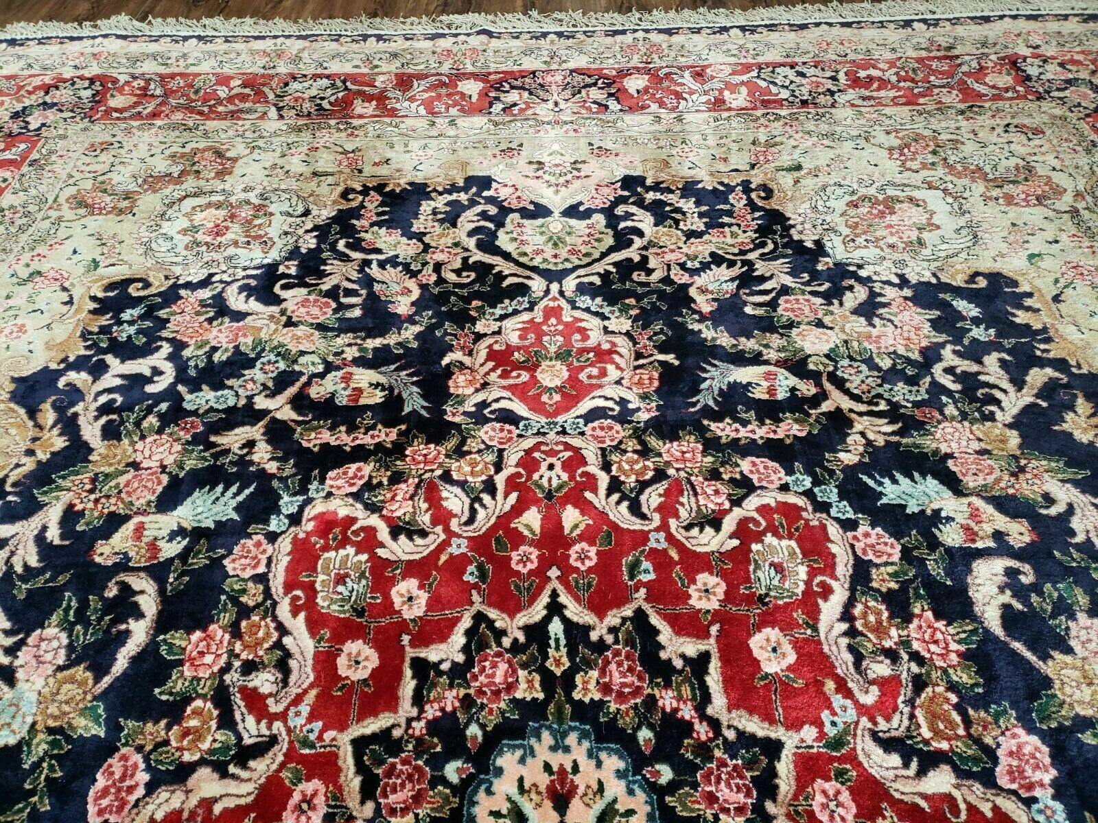 Indian Silk Kashmiri Rug 9x12, Room Sized Silk Carpet, Handmade Hand Knotted Oriental Rug 9 x 12, Navy Blue Red Tan Floral Medallion Birds - Jewel Rugs
