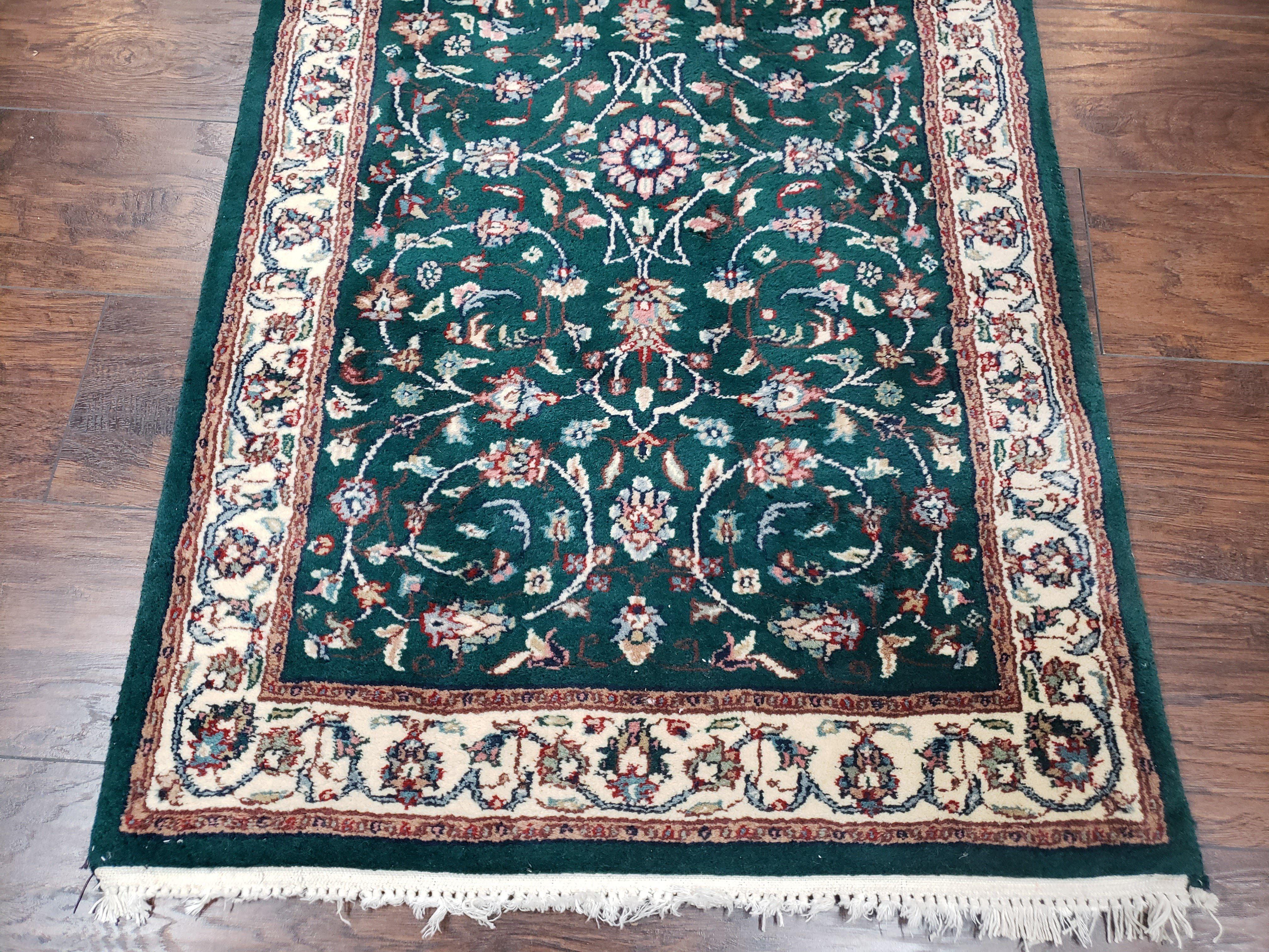 Extra Long Runner Rug 24 ft, Skinny & Long Rug for Hallway Corridor 2.6 x 24 Indo Persian Vintage Wool Rug Green and Cream Handmade Oriental - Jewel Rugs