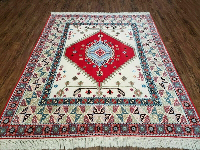 5' X 7' Vintage Handmade Moroccan Rug Wool Carpet Nice Vegetable Dyed Colors Red & Beige Bohemian Boho Home Décor - Jewel Rugs