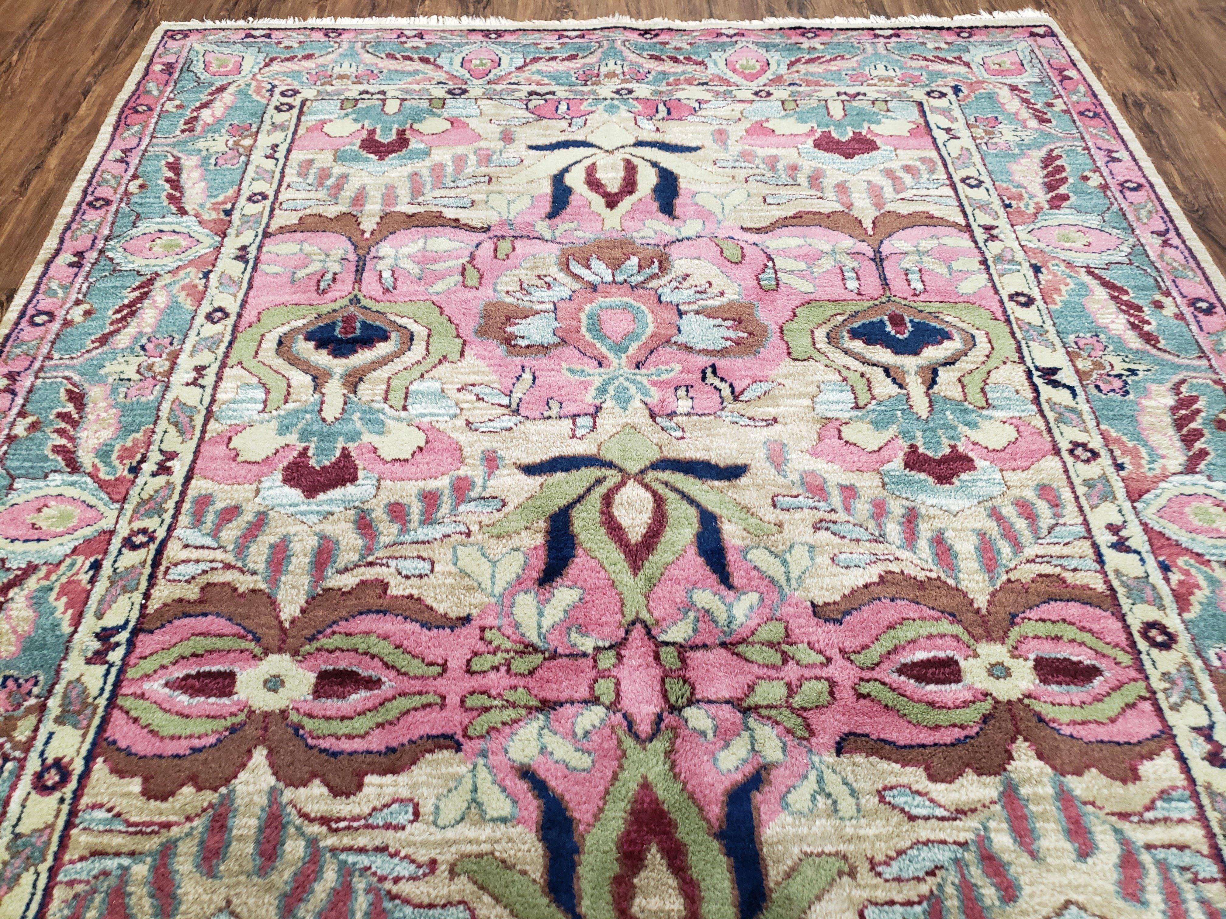 Indo Persian Rug, 6x9 Rug, Medium Sized Handmade Area Rug, Pink and Teal Oriental Carpet, Indian Rug, Vintage Rug, Hand Knotted Rug, Unique - Jewel Rugs