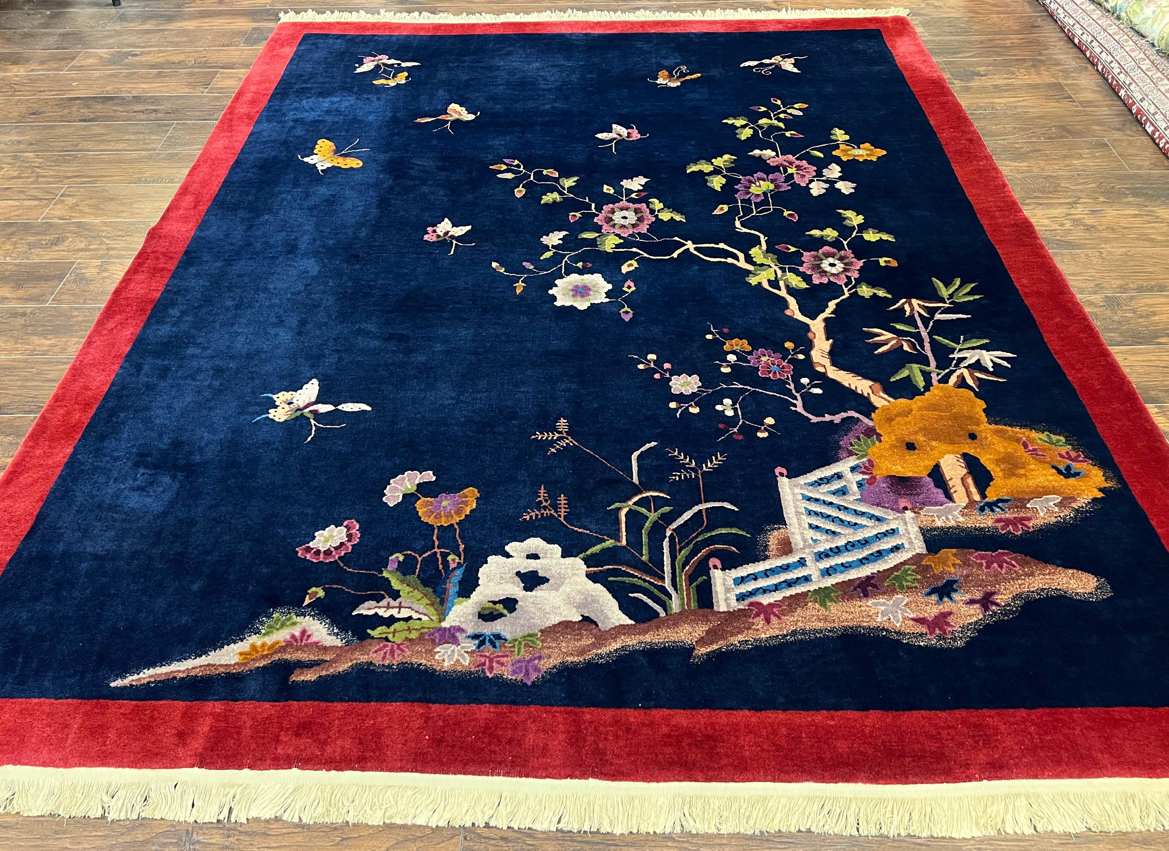 Chinese Art Deco Rug 8x10, Nichols Rug, Navy Blue and Red, Handmade Wool Carpet 8 x 10, Semi Antique Vintage Asian Oriental Rug, Butterflies - Jewel Rugs
