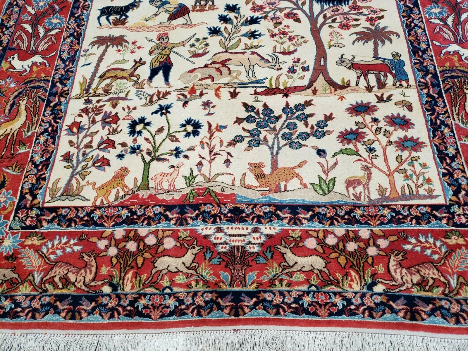 Antique Persian Isfahan Rug 5x7, Animal and Human Pictorials, Hand Knotted Fine Oriental Wool Carpet, Cream and Red, High KPSI, Vintage Rug 5 x 7 ft - Jewel Rugs