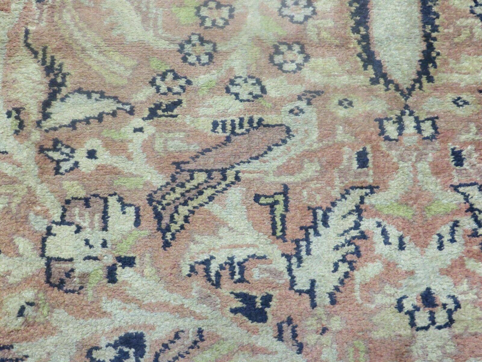 Indian Silk Rug 4x6, Indian Kashmiri Silk Carpet 4 x 6 ft, Vintage Hand Knotted Floral Bird Motifs, Light Pink and Navy Blue, Silk on Cotton - Jewel Rugs